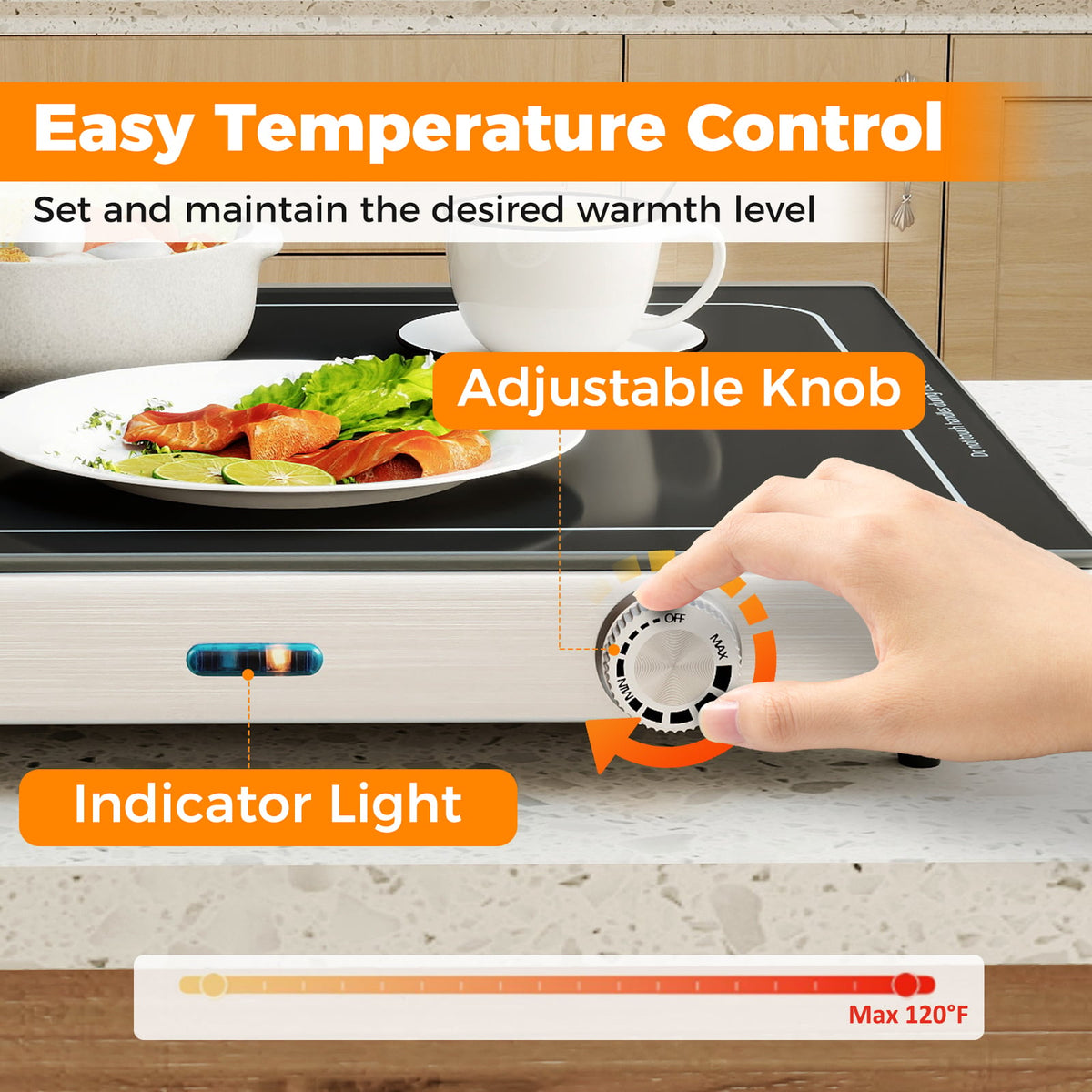 Electric Warming Tray with Adjustable Temperature and Built-In Handles Tempered Glass-Food Warmers & Burners-DECOROLALA