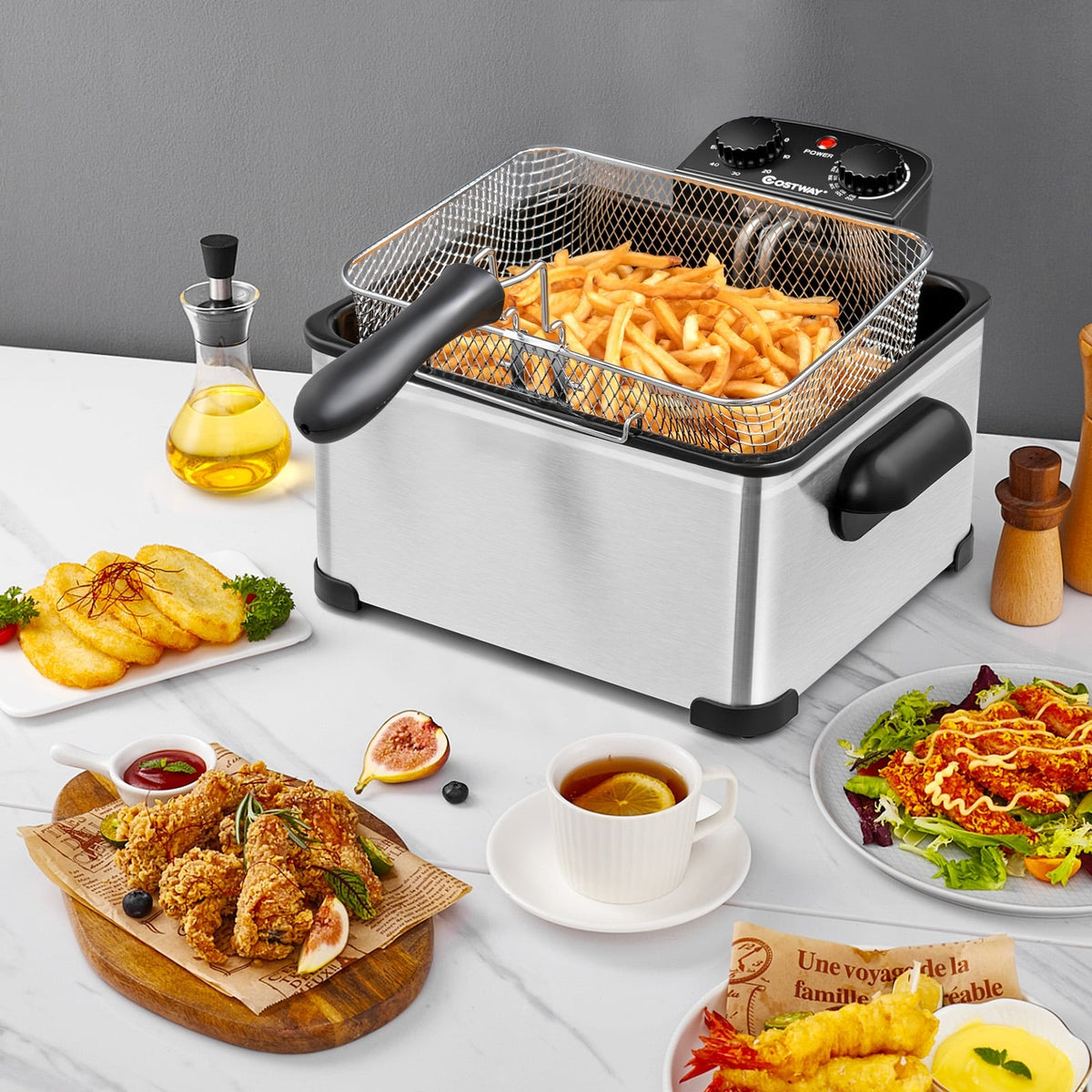 Electric Deep Fryer 5.3QT/21-Cup Stainless Steel 1700W with Triple Basket-Silver-Air Fryers-DECOROLALA