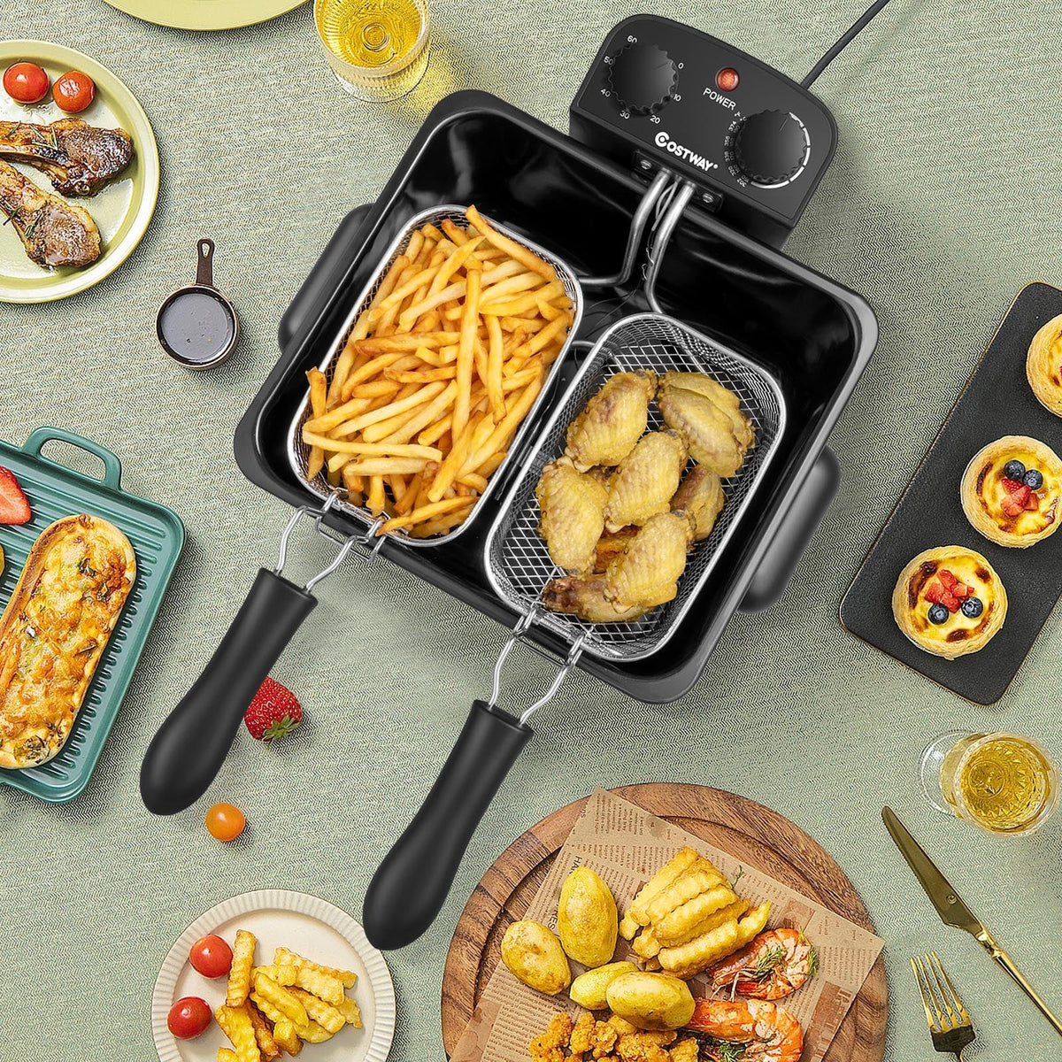 Electric Deep Fryer 5.3QT/21-Cup Stainless Steel 1700W with Triple Basket-Silver-Air Fryers-DECOROLALA