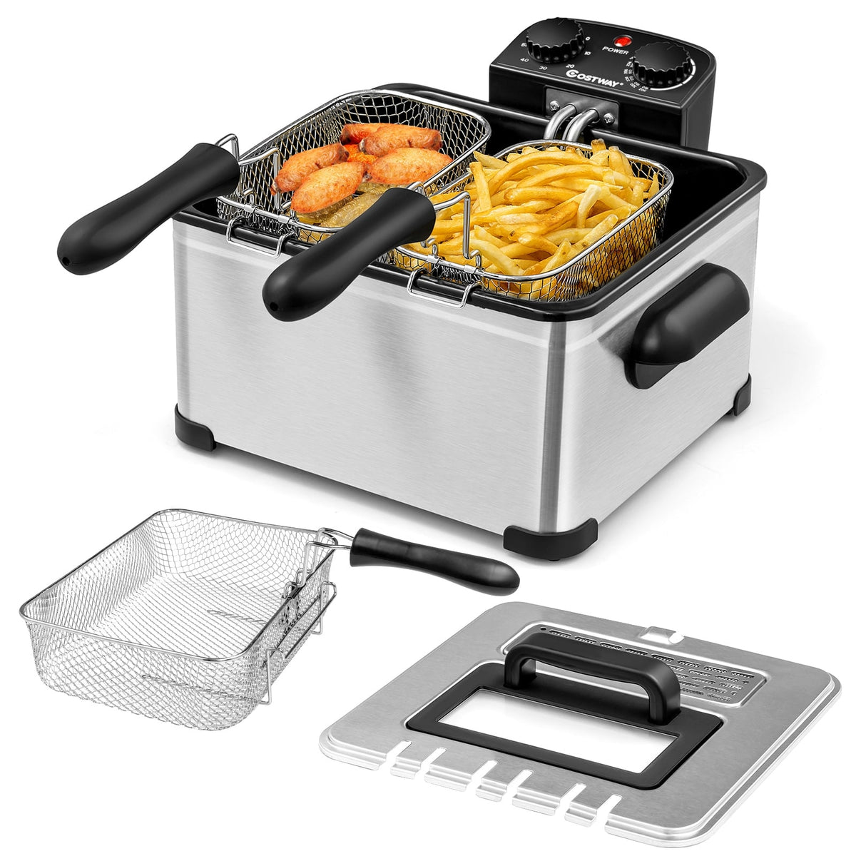 Electric Deep Fryer 5.3QT/21-Cup Stainless Steel 1700W with Triple Basket-Silver-Air Fryers-DECOROLALA