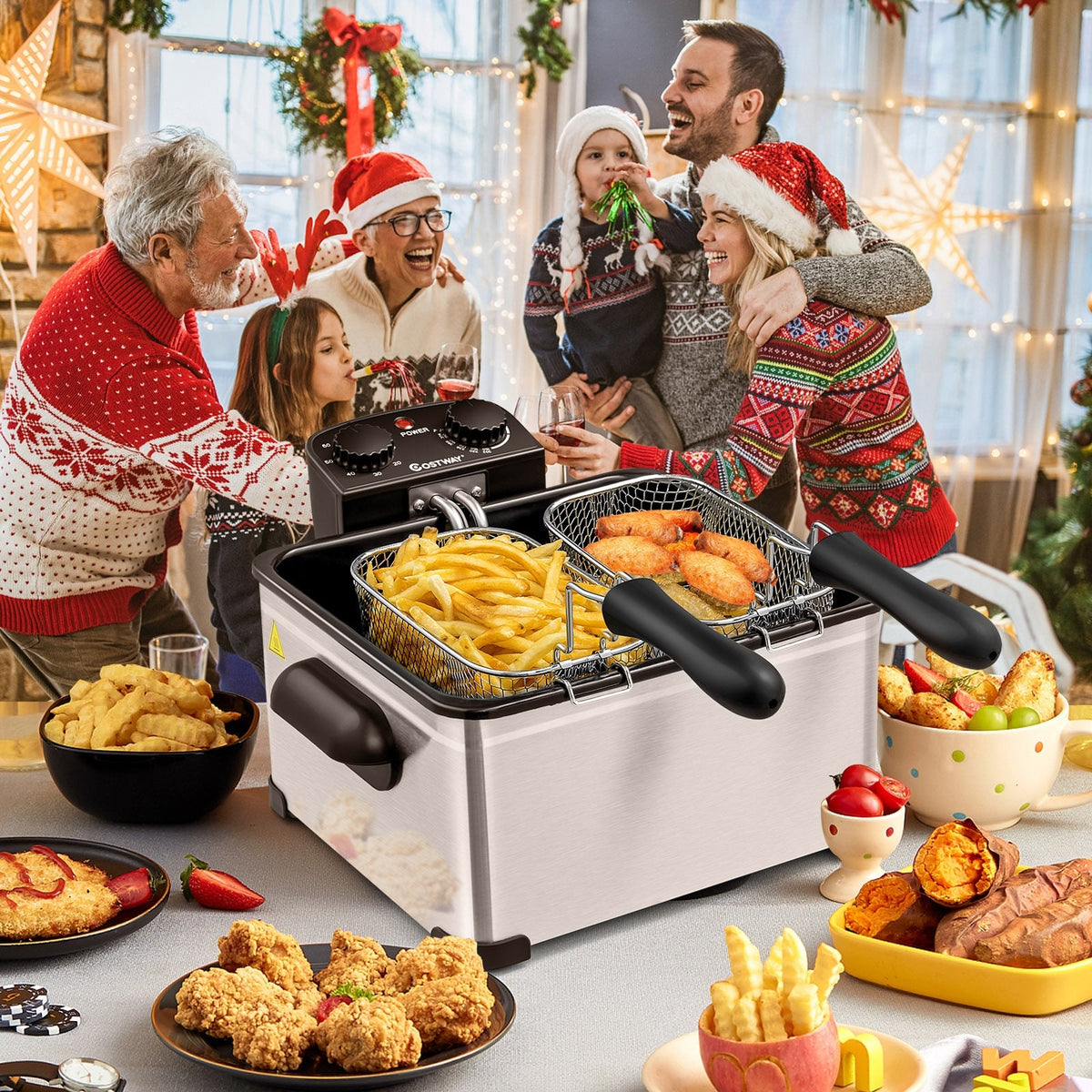 Electric Deep Fryer 5.3QT/21-Cup Stainless Steel 1700W with Triple Basket-Silver-Air Fryers-DECOROLALA