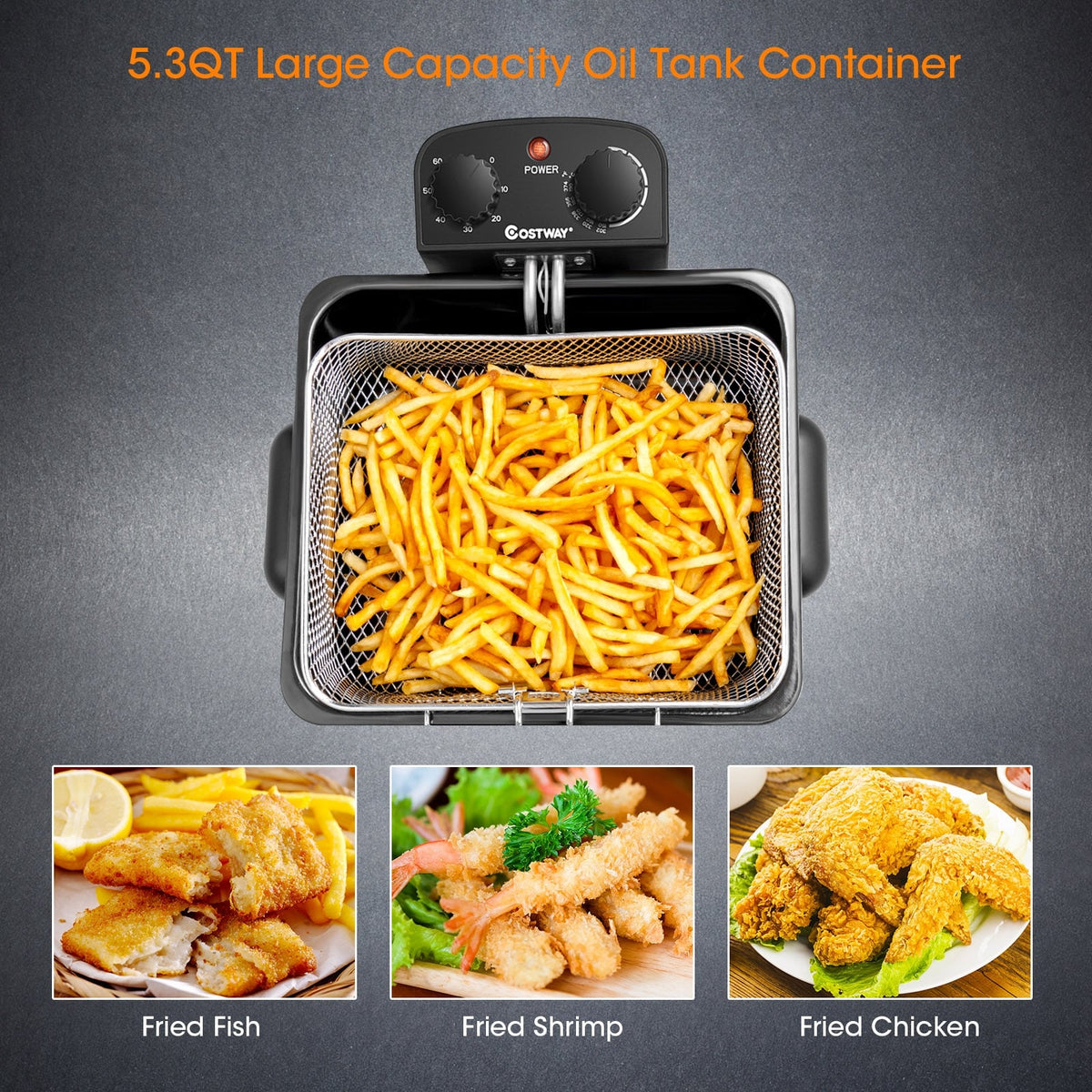 Electric Deep Fryer 5.3QT/21-Cup Stainless Steel 1700W with Triple Basket-Silver-Air Fryers-DECOROLALA