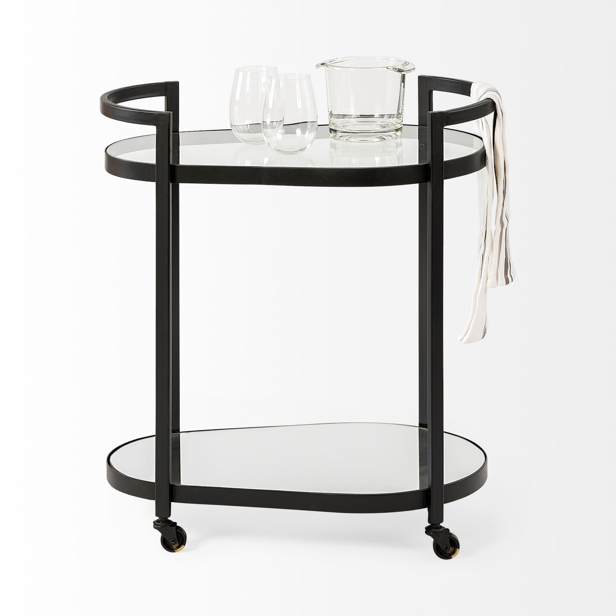 Eleonore Two-Tier Bar Cart - Black Metal Frame Glass Shelves-Rolling Carts-DECOROLALA