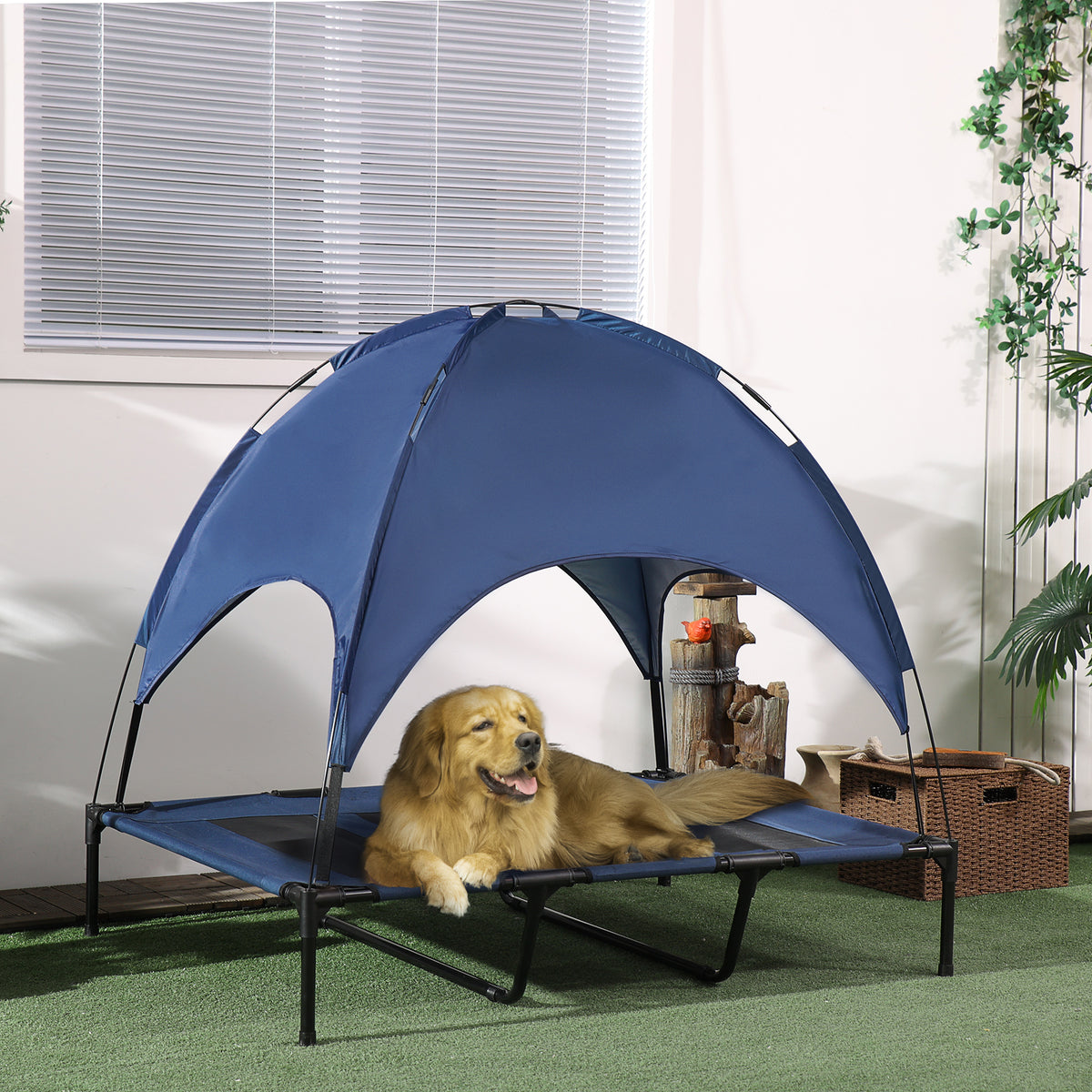 Elevated Cooling Pet Bed with Canopy - XL Raised Dog Cot, Dark Blue-Dogs-DECOROLALA
