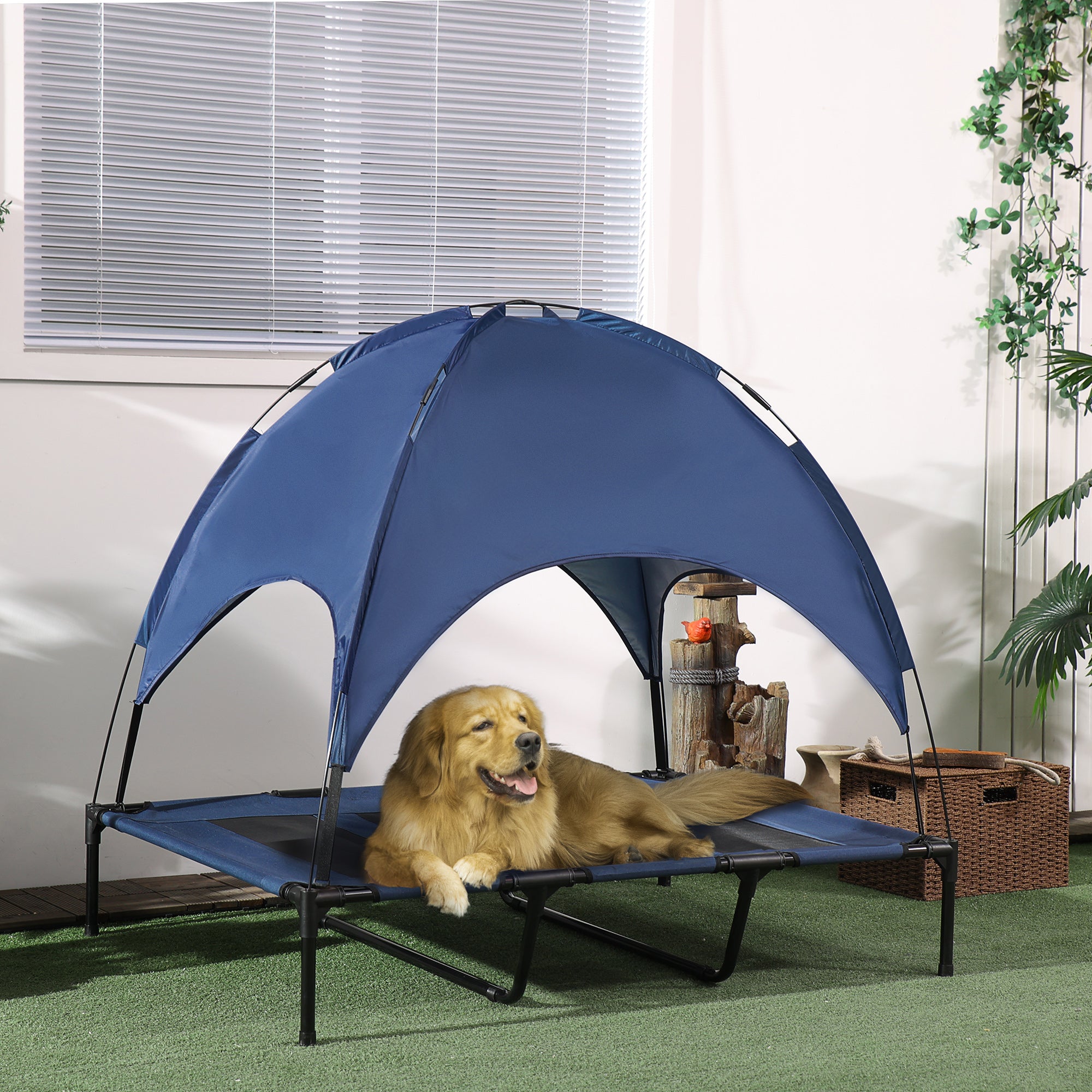 Elevated Cooling Pet Bed with Canopy - XL Raised Dog Cot, Dark Blue-Dogs-DECOROLALA