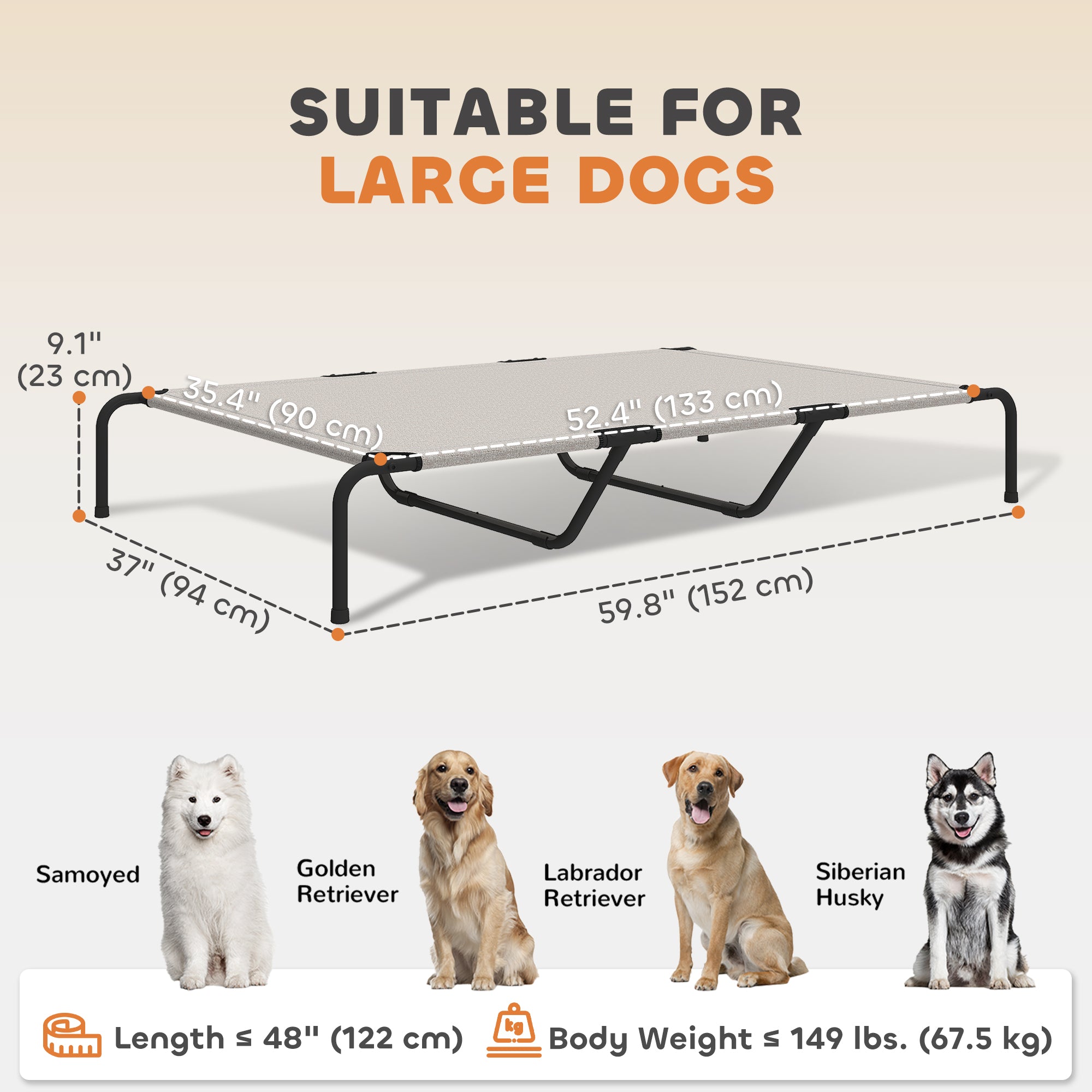 Elevated Dog Bed, Outdoor Dog Cot, Raised Dog Bed for Large Dogs with Breathable Mesh, Beige-Dogs-DECOROLALA