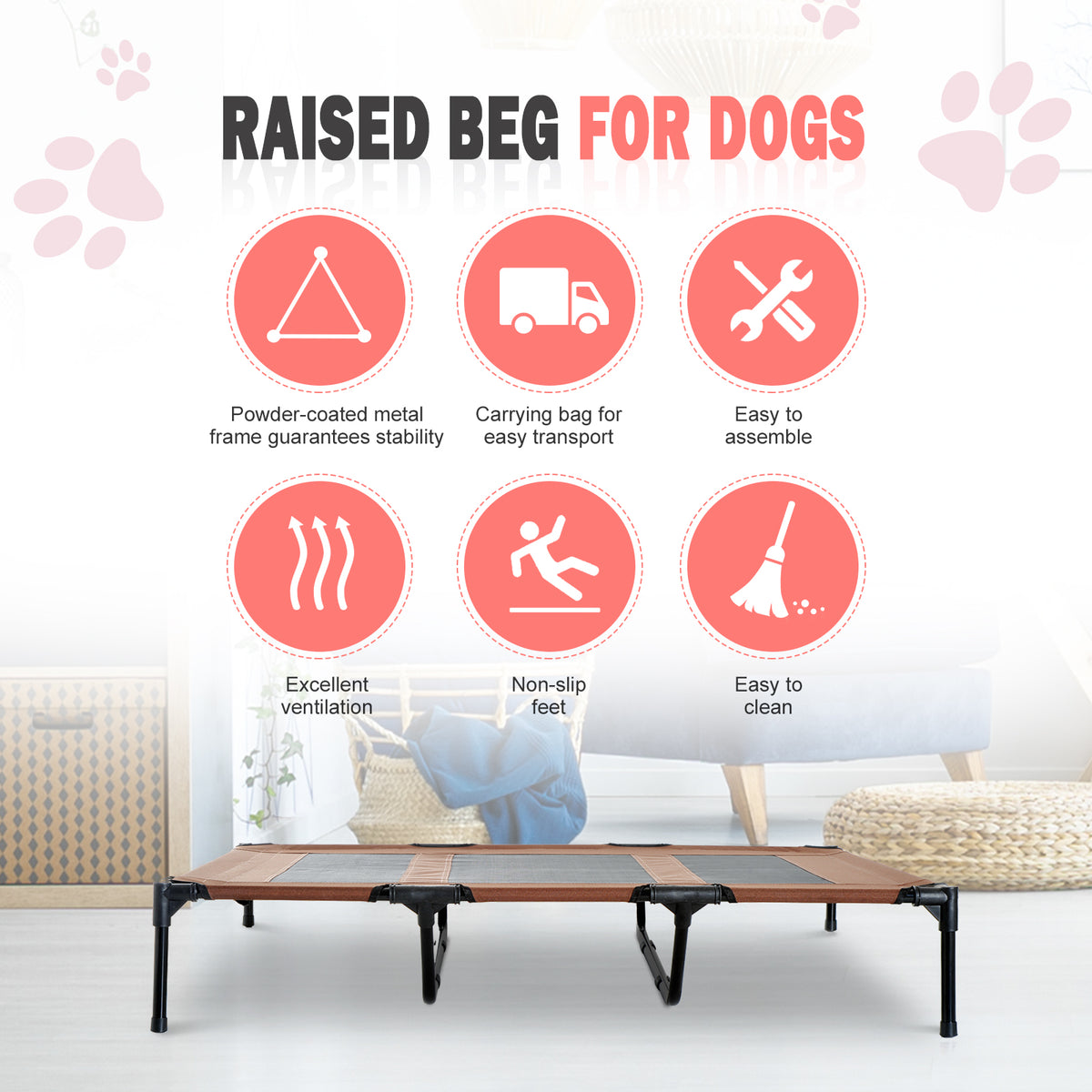 Elevated Dog Bed - XL Raised Pet Cot, 48" x 36" x 9", Coffee-Dogs-DECOROLALA