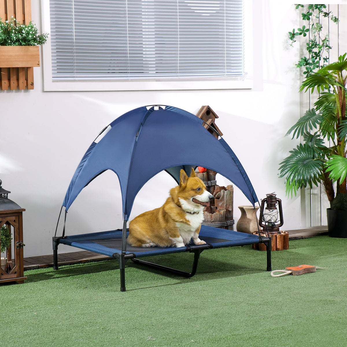 Elevated Dog Bed with Canopy - 36" Raised Pet Cot, Dark Blue-Dogs-DECOROLALA