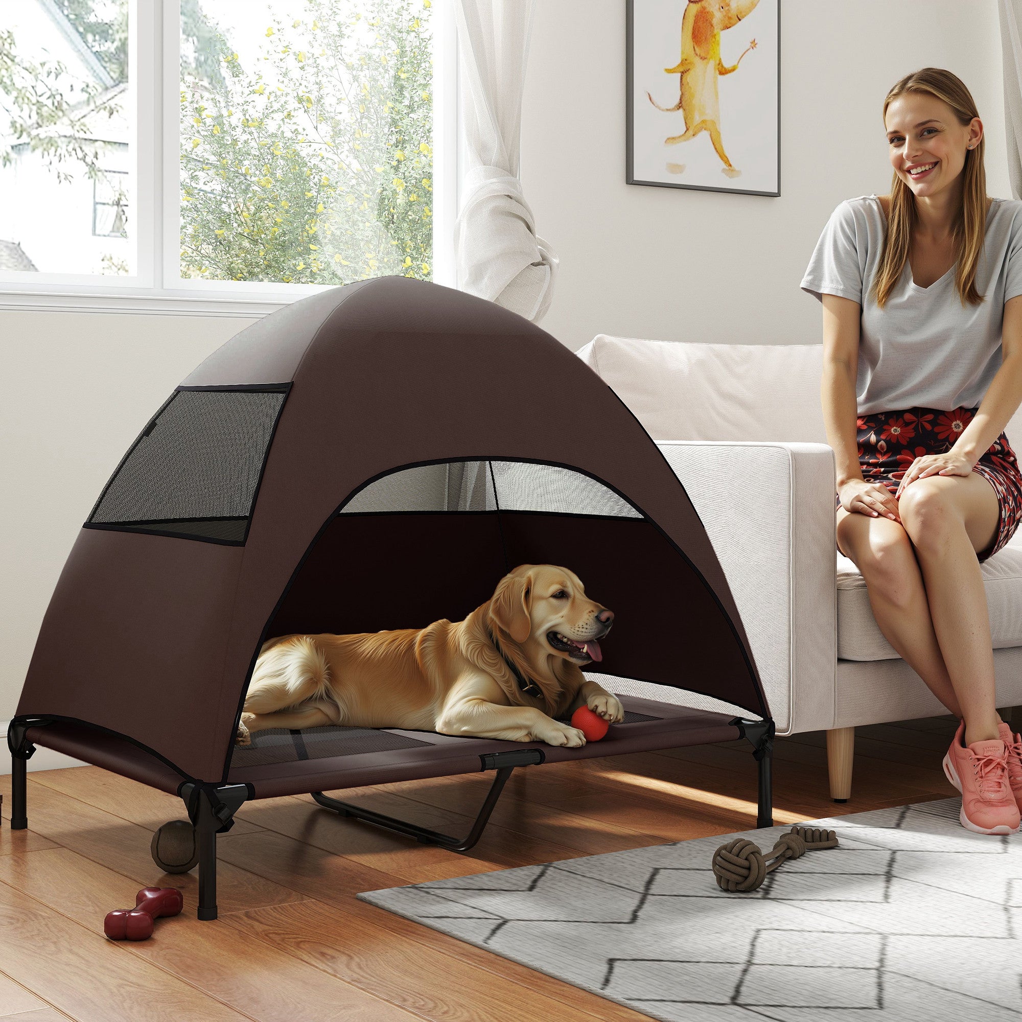Elevated Dog Bed with Canopy - 42" Raised Mesh Steel Frame Coffee-Dogs-DECOROLALA