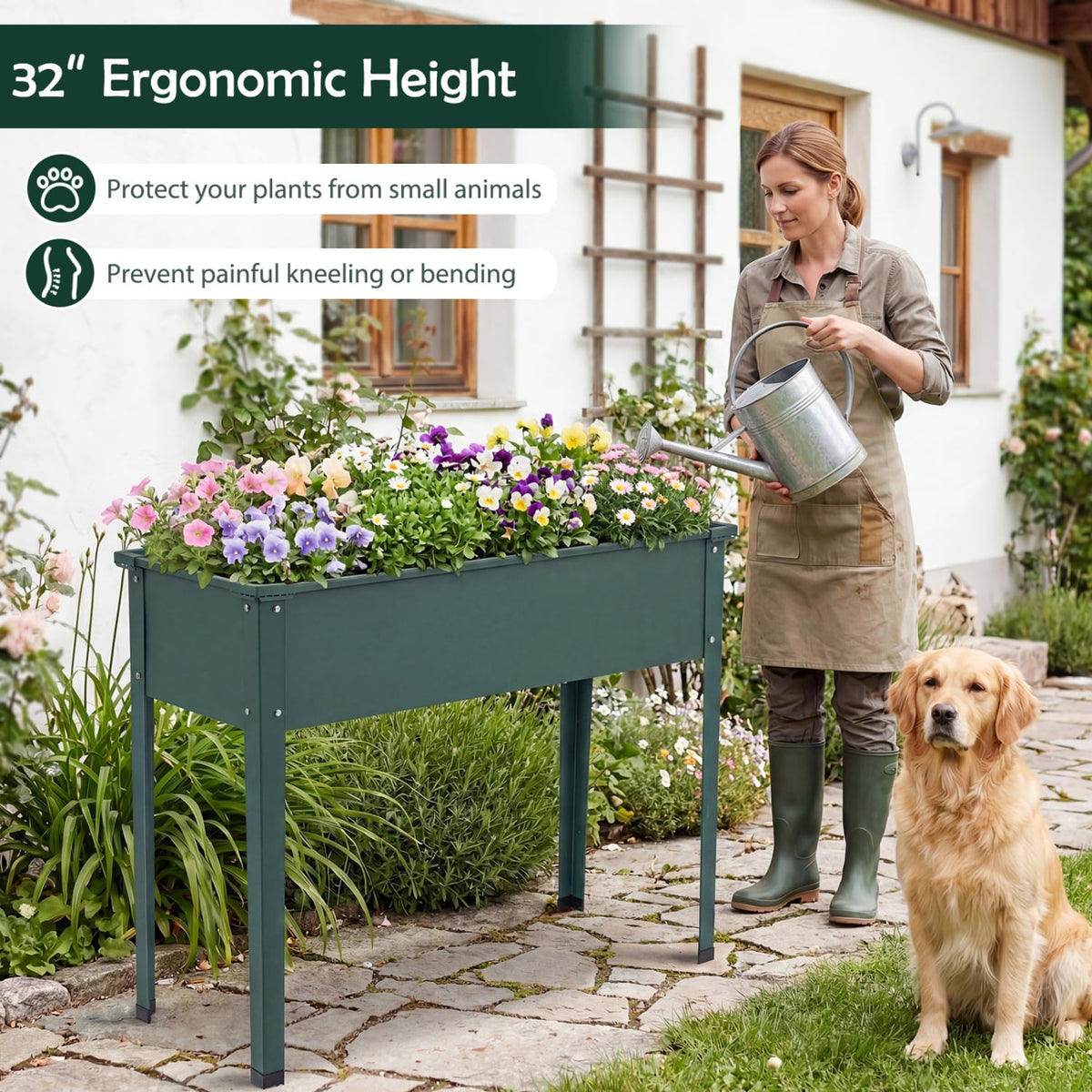Elevated Metal Raised Garden Bed with Legs and Drainage Holes-Green-Raised Garden Beds-DECOROLALA