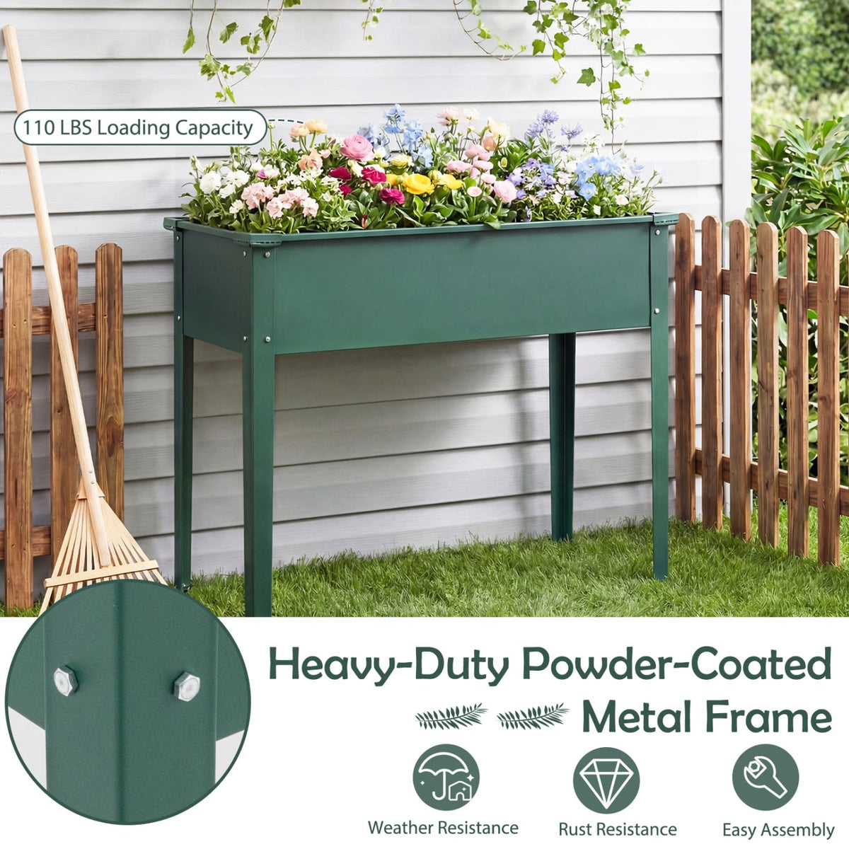 Elevated Metal Raised Garden Bed with Legs and Drainage Holes-Green-Raised Garden Beds-DECOROLALA
