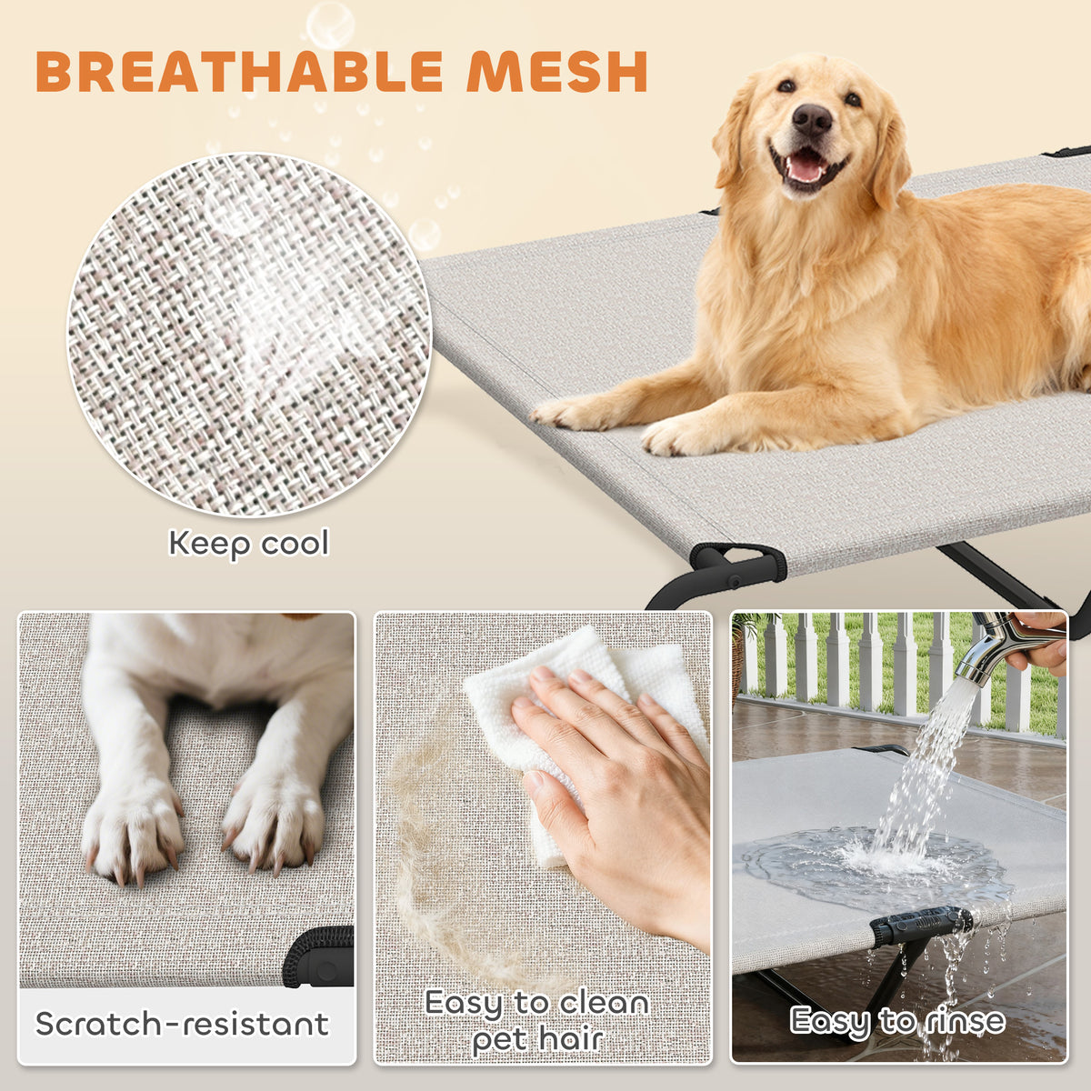 Elevated Outdoor Dog Bed - Large 60" Raised Cot, Beige Mesh-Dogs-DECOROLALA