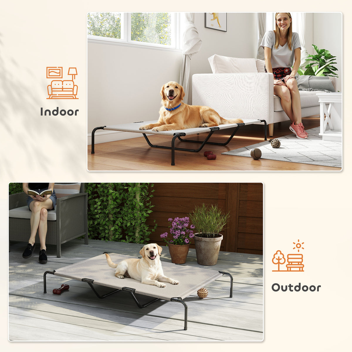 Elevated Outdoor Dog Bed - Large 60" Raised Cot, Beige Mesh-Dogs-DECOROLALA