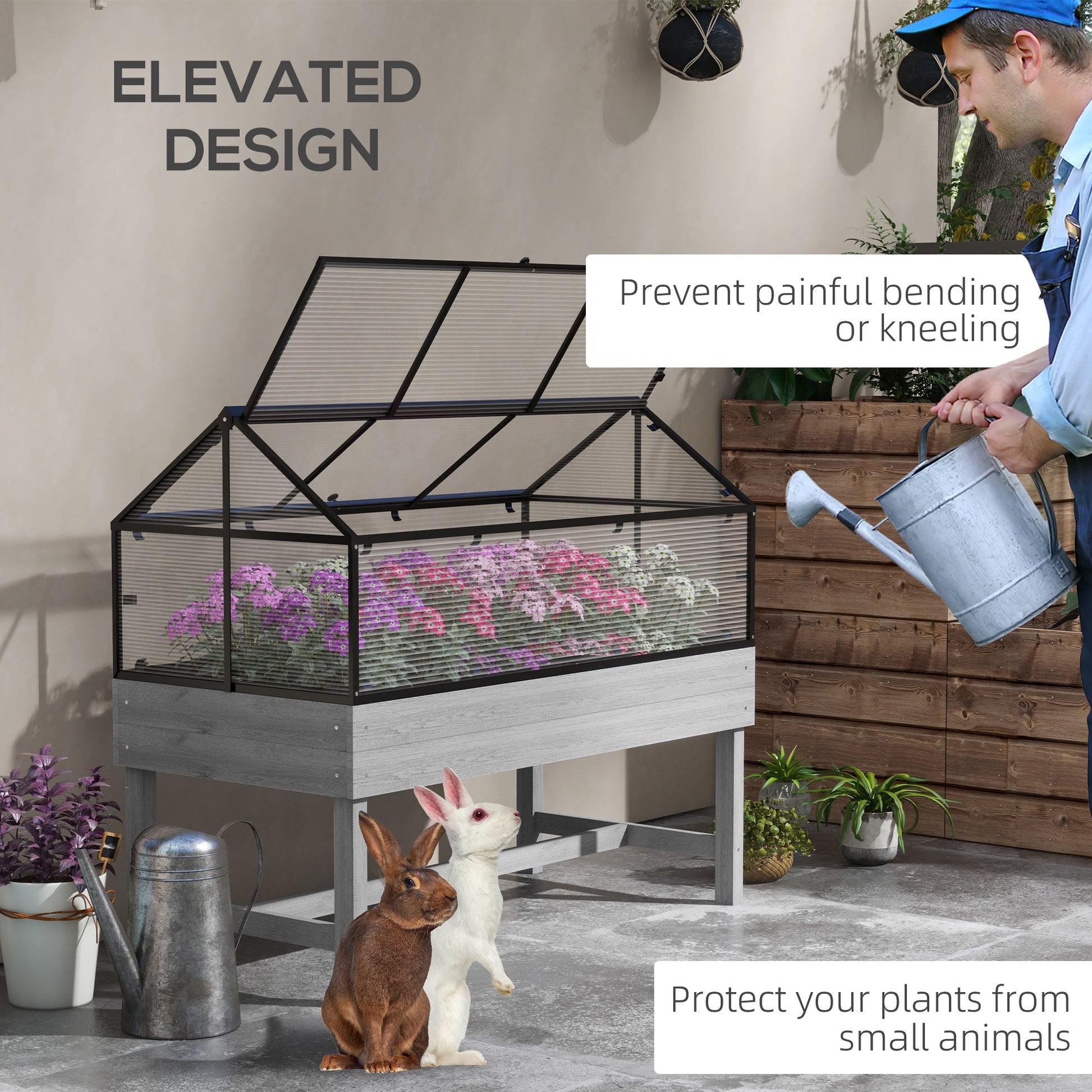 Elevated Planter Box with Greenhouse - Distressed Grey-DECOROLALA