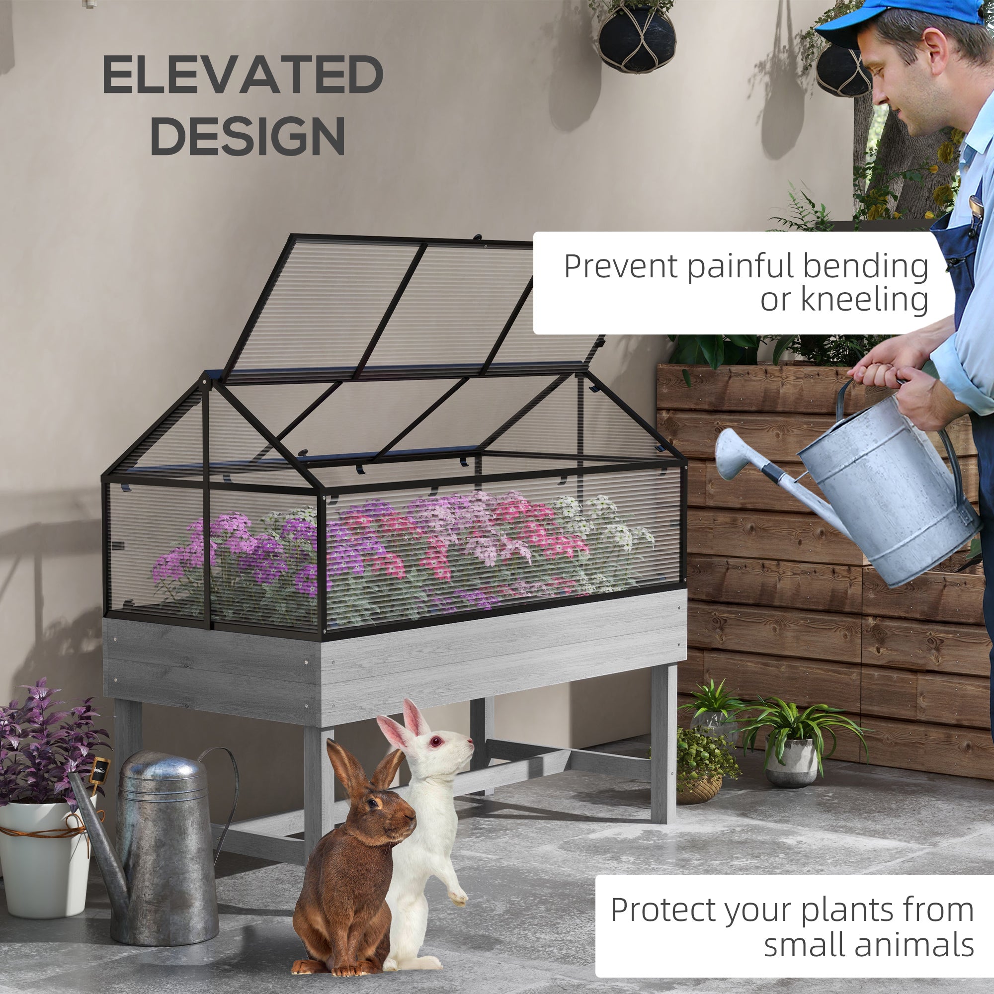 Elevated Planter Box with Greenhouse - Distressed Grey-DECOROLALA