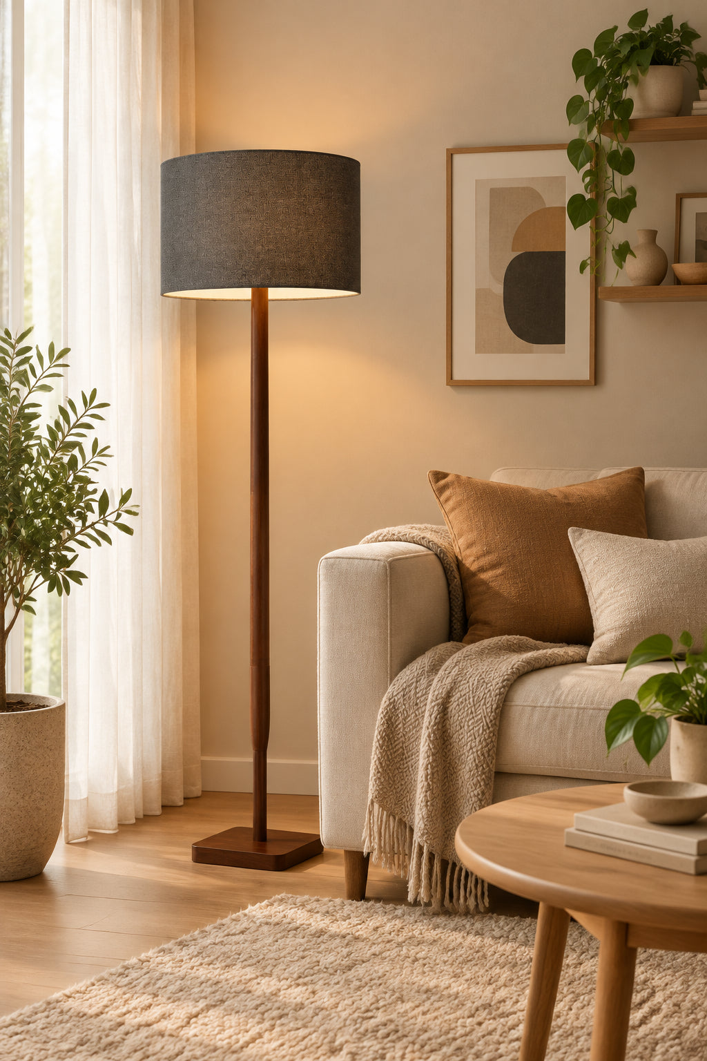 Ellis Floor Lamp - Walnut Wood Dark Grey Fabric-Lighting-DECOROLALA