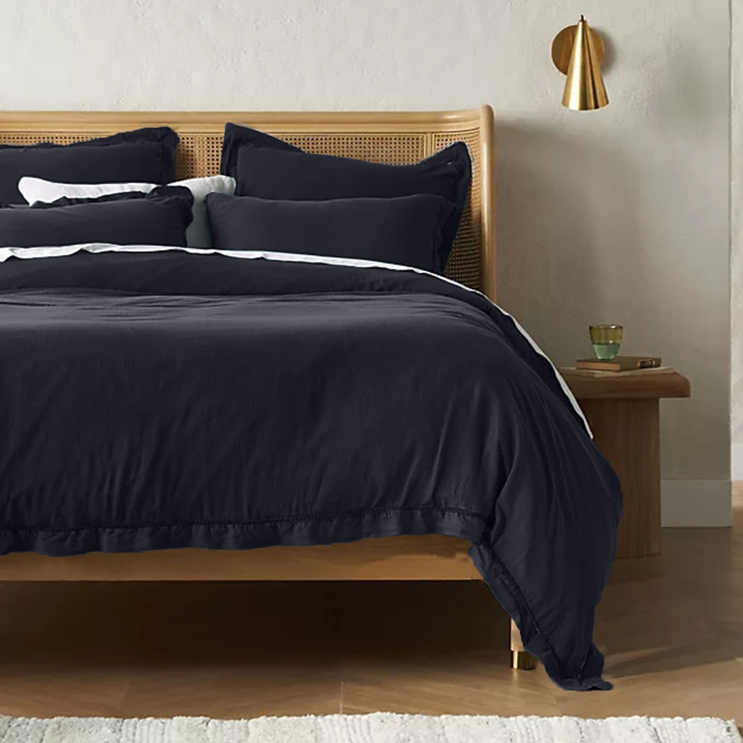 Embroidered Edge Linen Bedding Set - Charcoal Black-n/a-DECOROLALA