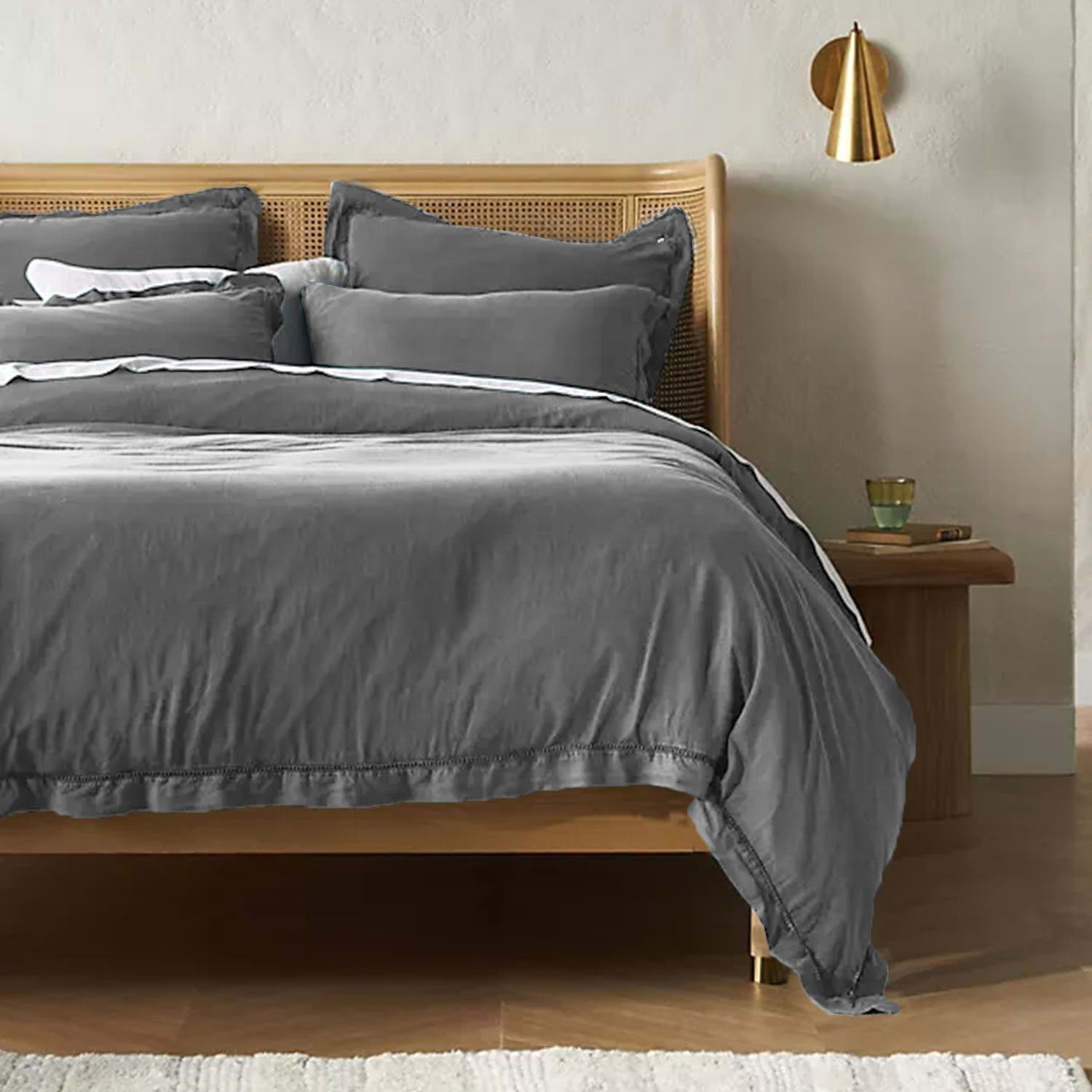 Embroidered Edge Linen Bedding Set - Light Grey Soft Pre-Washed-n/a-DECOROLALA