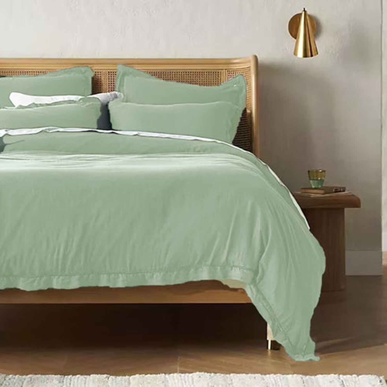 Embroidered Edge Sage Green 100% Pure Linen | Linen Cotton Mix | 3 Piece Duvet Cover Set | 4 Piece Sheet Set | Handmade | Pre-washed | Soft-n/a-DECOROLALA