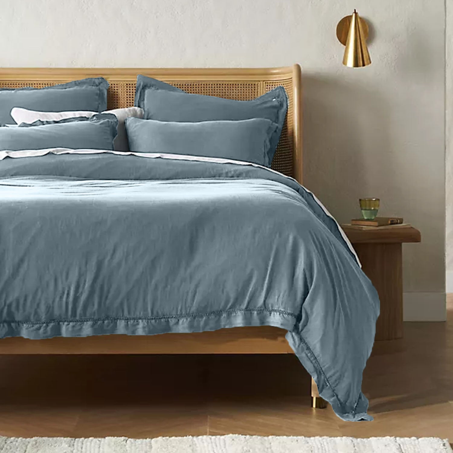Embroidered Edge Sky Blue 100% Pure Linen | Linen Cotton Mix | 3 Piece Duvet Cover Set | 4 Piece Sheet Set | Handmade | Pre-washed | Soft-DECOROLALA