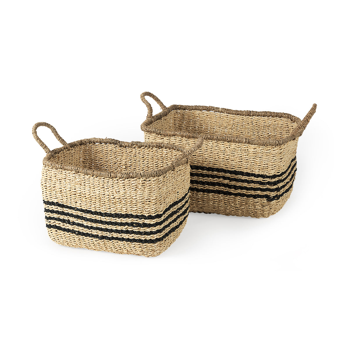 Emma Seagrass Baskets - Light Brown/Black Stripes Set of 2-Decorative Baskets-DECOROLALA