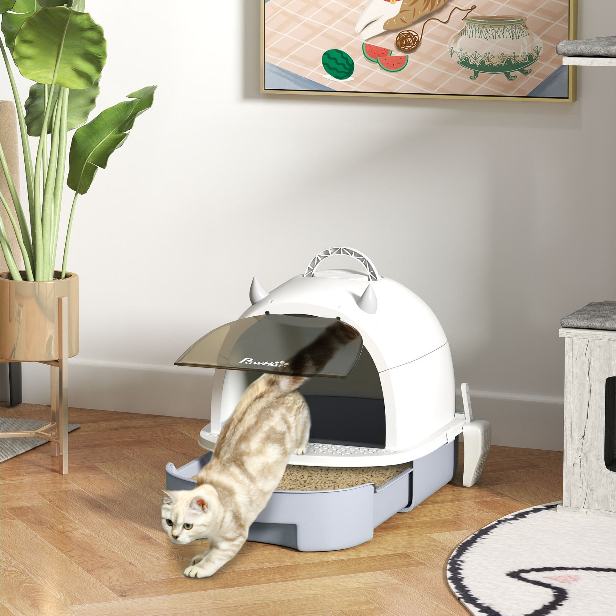 Enclosed Cat Litter Box with Drawer, Scoop & Handle - Grey-Cats-DECOROLALA
