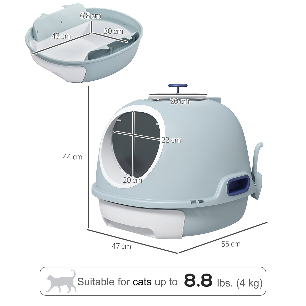 Enclosed Cat Litter Box with Drawer, Scoop, and Skylight - Blue-Cats-DECOROLALA