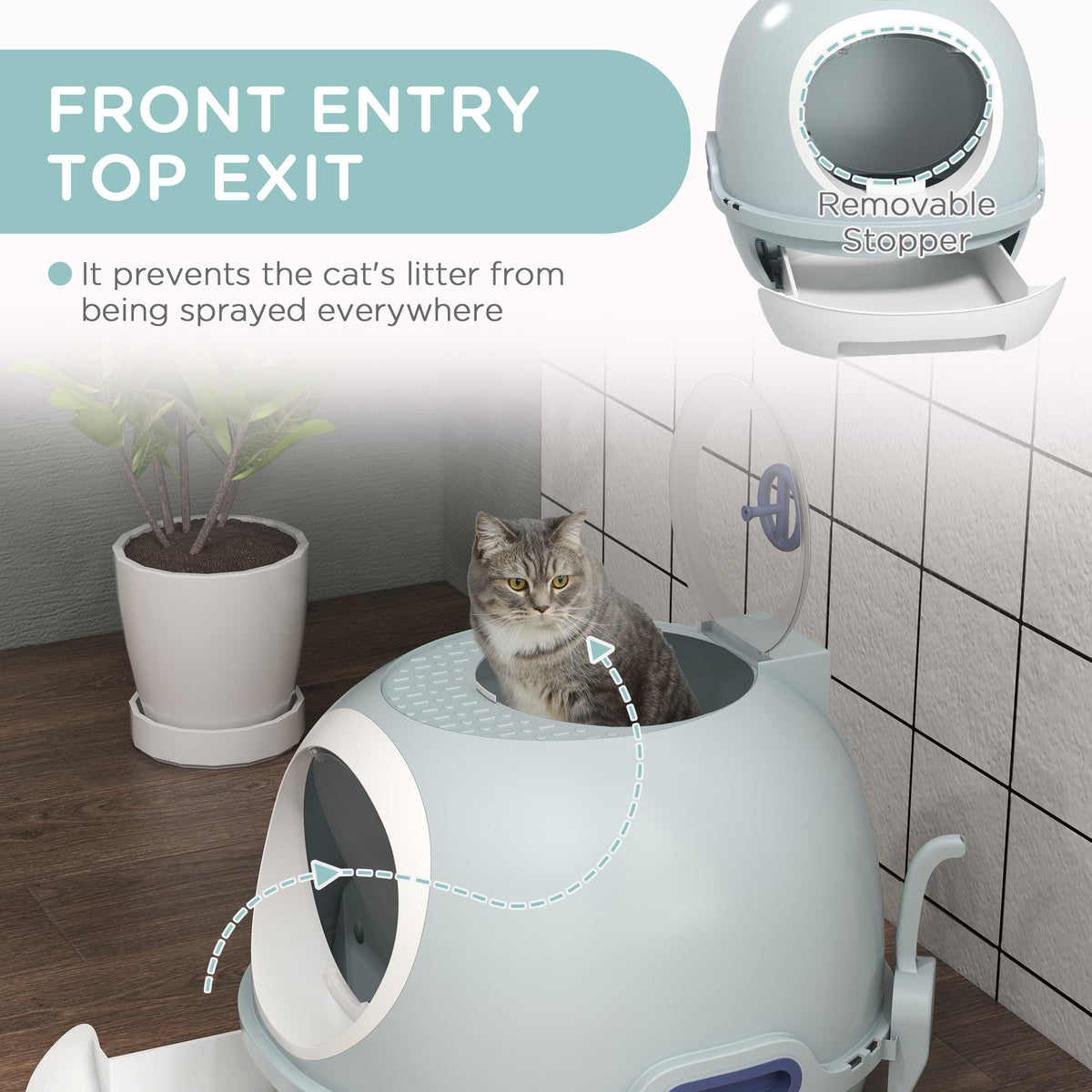 Enclosed Cat Litter Box with Drawer, Scoop, and Skylight - Blue-Cats-DECOROLALA