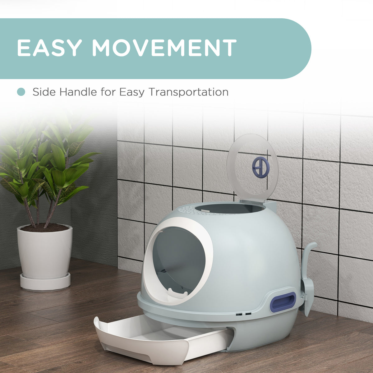 Enclosed Cat Litter Box with Drawer, Scoop, and Skylight - Blue-Cats-DECOROLALA