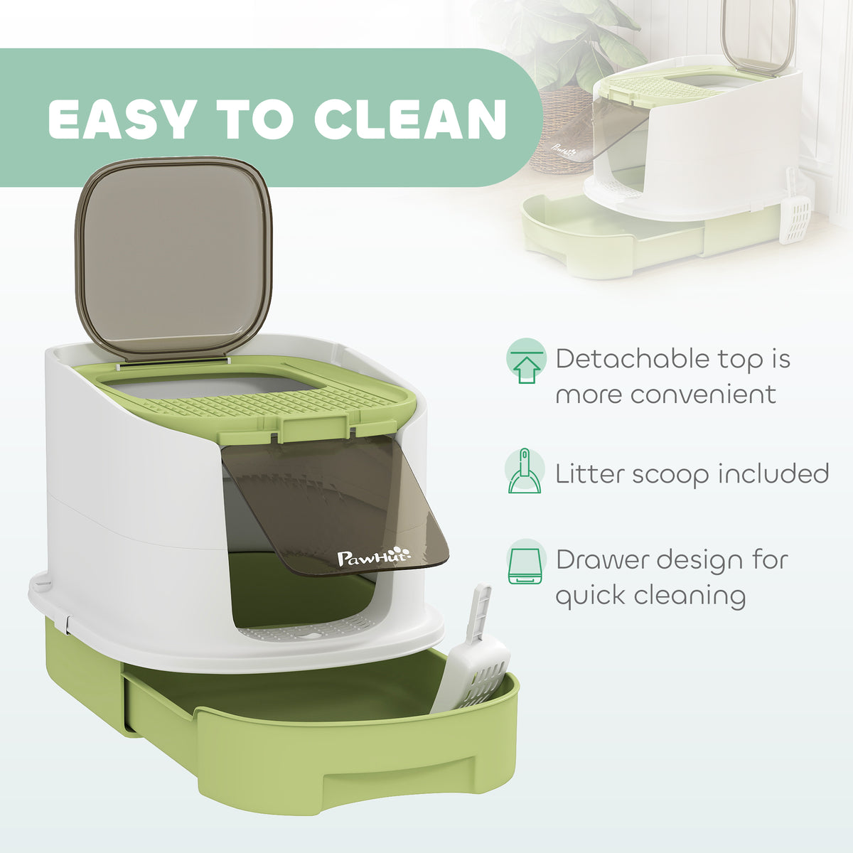 Enclosed Cat Litter Box with Drawer, Top Entry & Scoop - Green-Cats-DECOROLALA
