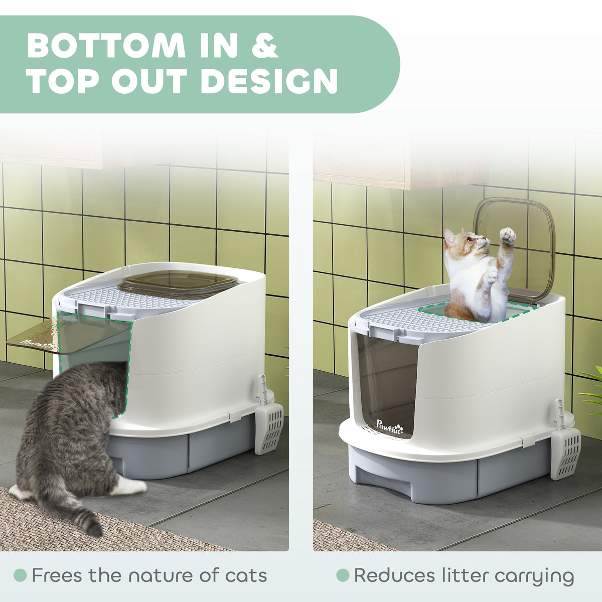 Enclosed Cat Litter Box with Drawer, Top Entry & Scoop - Grey-Cats-DECOROLALA