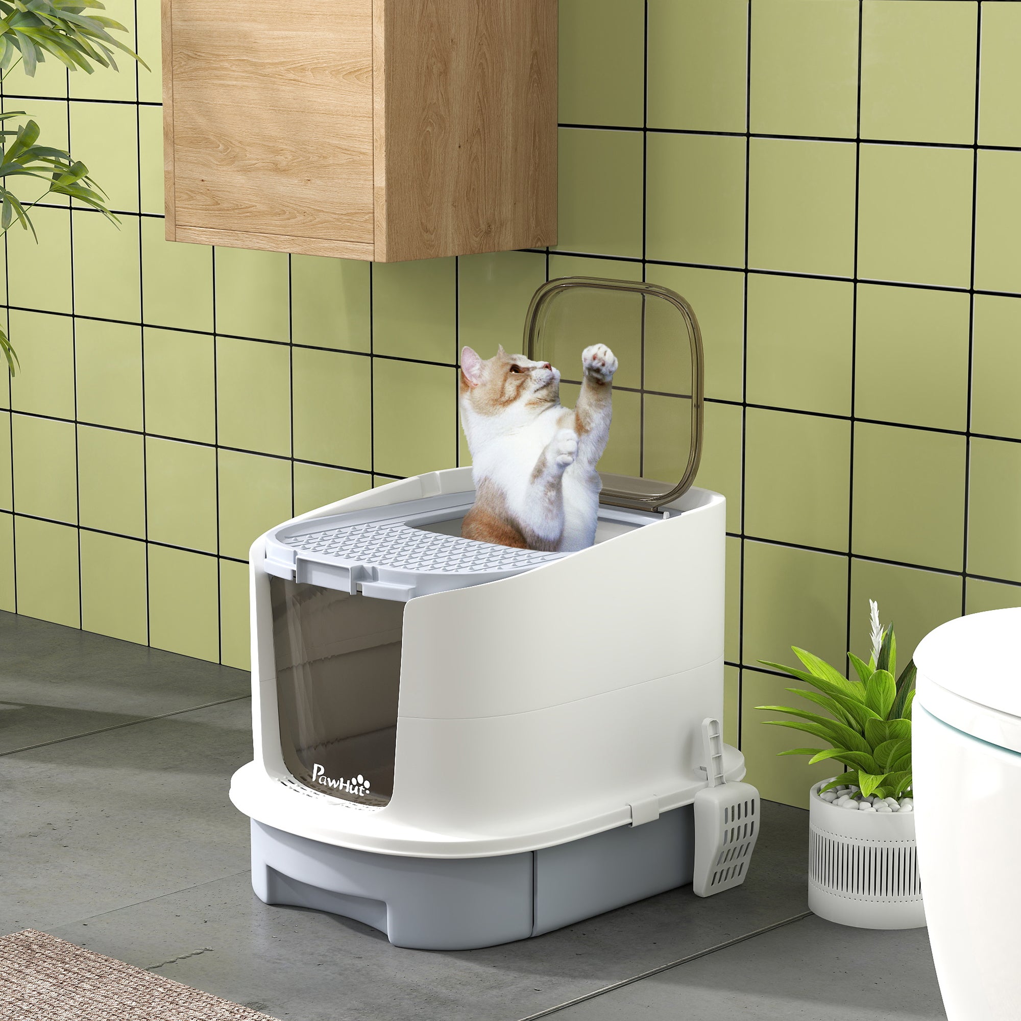 Enclosed Cat Litter Box with Drawer, Top Entry & Scoop - Grey-Cats-DECOROLALA