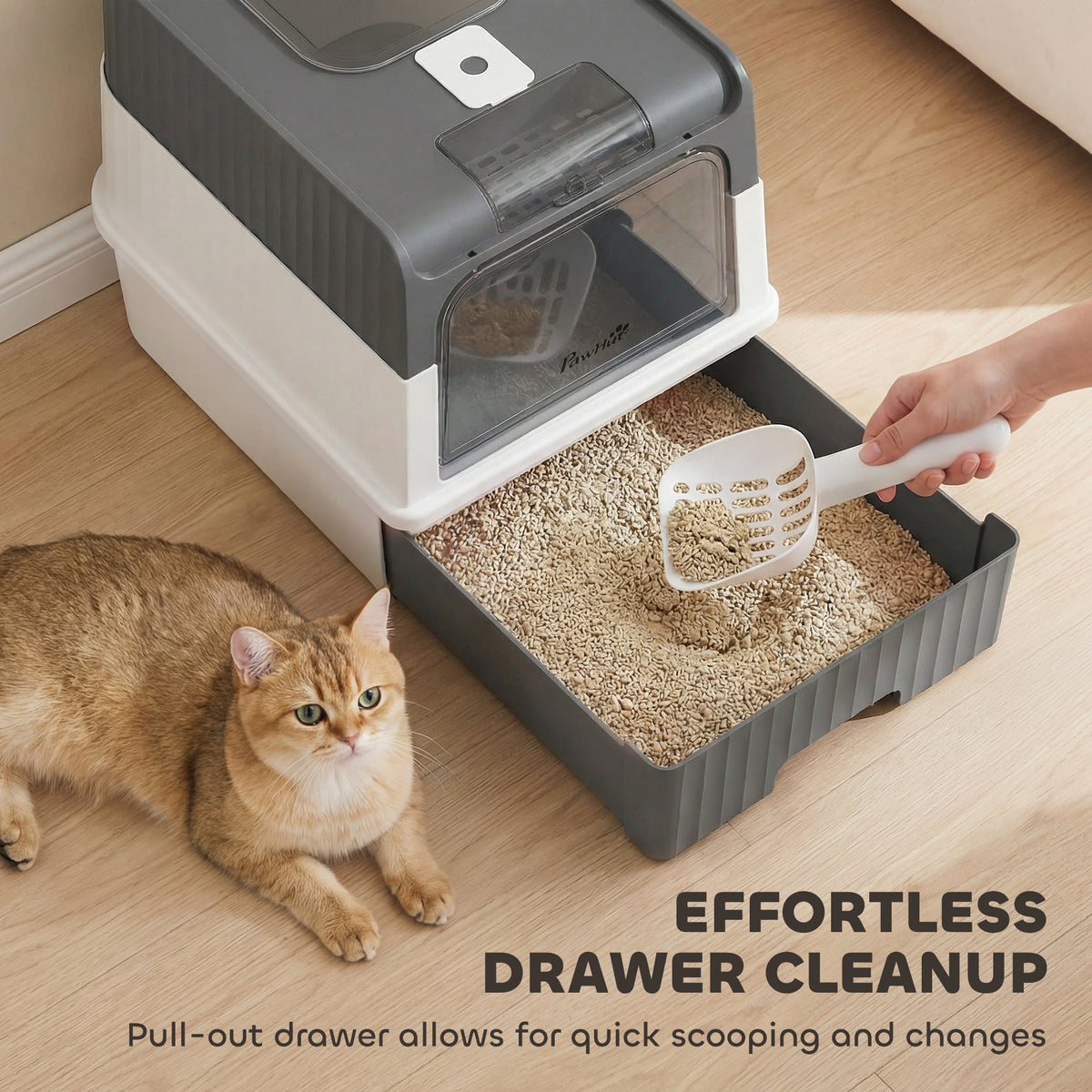 Enclosed Cat Litter Box with Pull-Out Drawer and Scoop - Grey-Cats-DECOROLALA