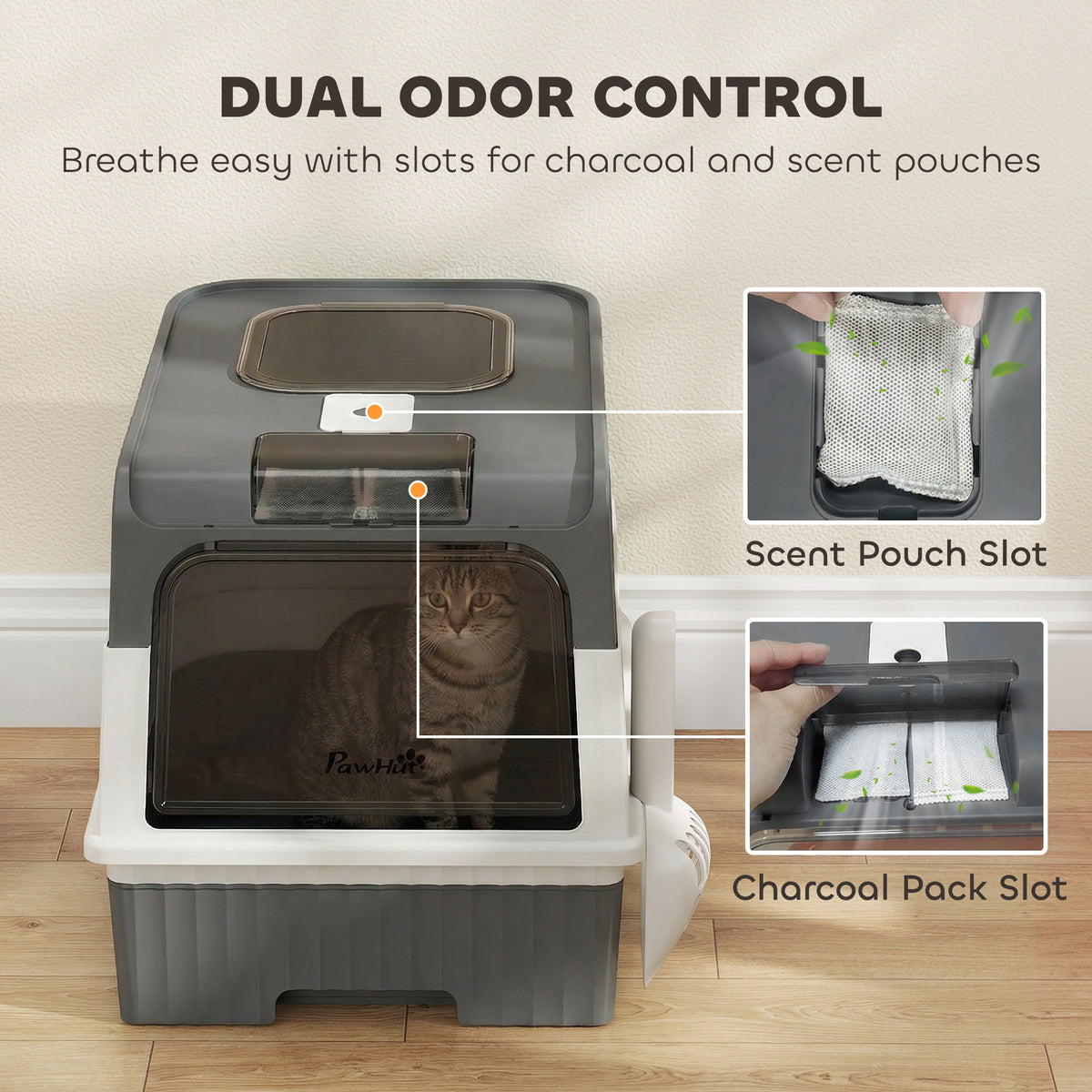 Enclosed Cat Litter Box with Pull-Out Drawer and Scoop - Grey-Cats-DECOROLALA