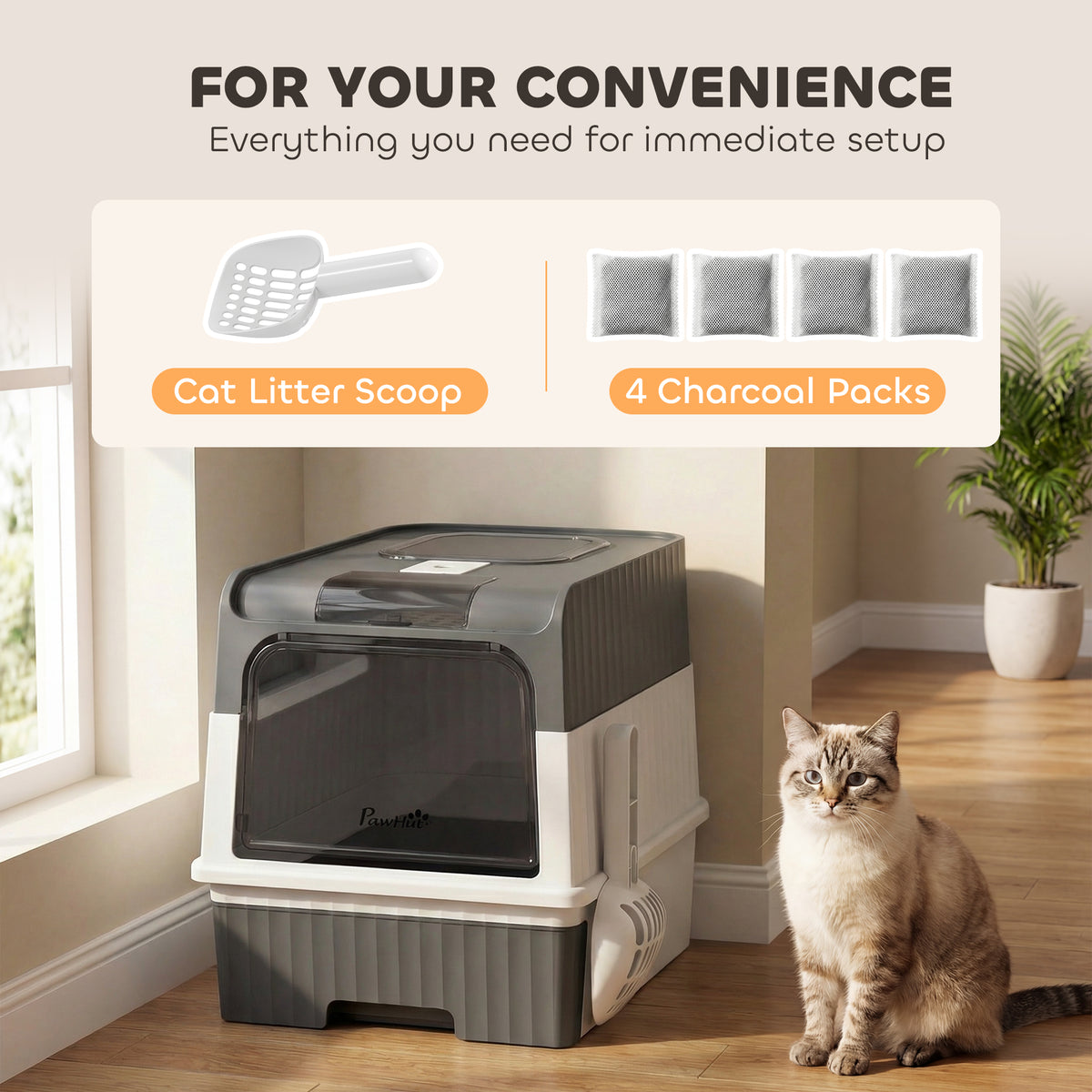 Enclosed Cat Litter Box with Pull-Out Drawer and Scoop - Grey-Cats-DECOROLALA