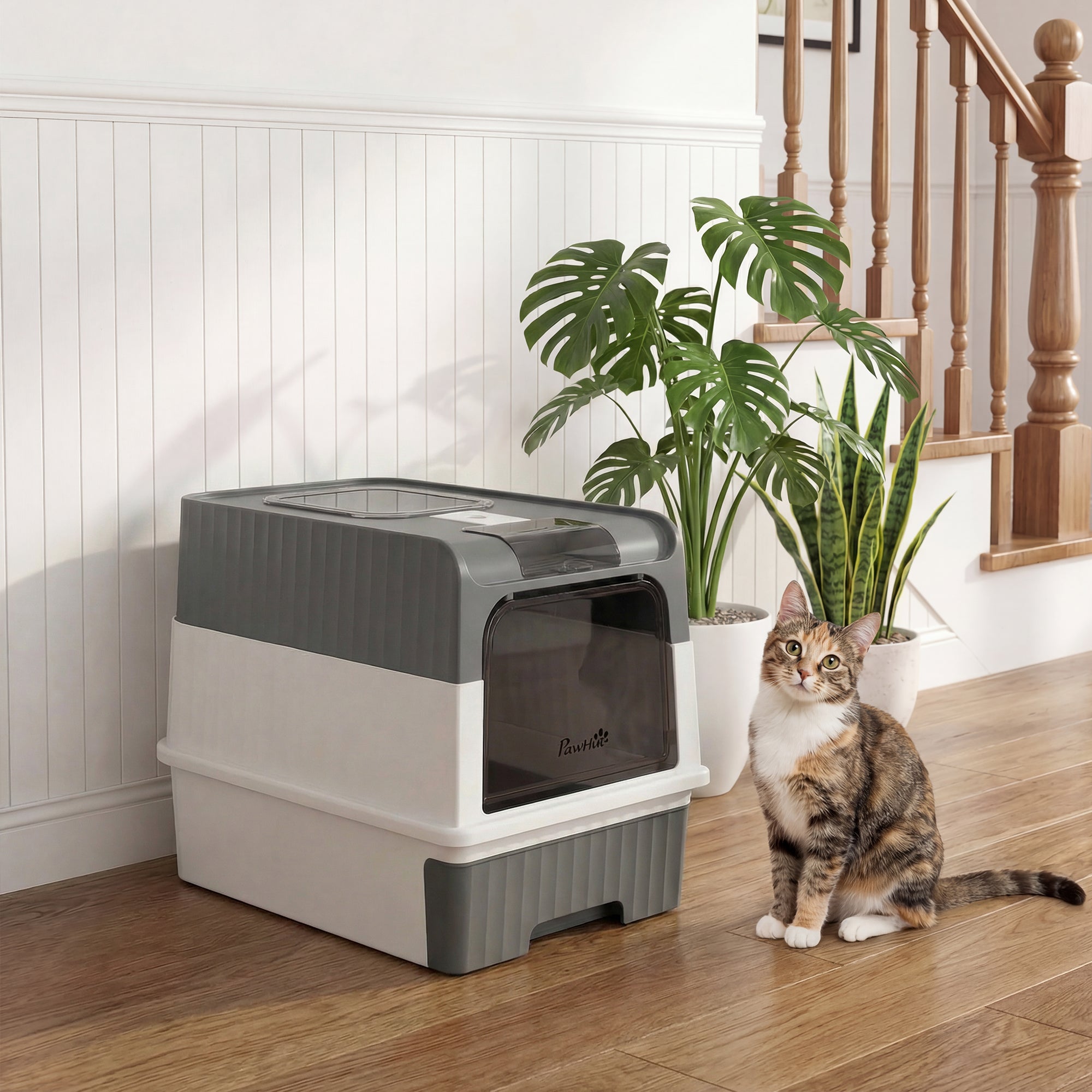 Enclosed Cat Litter Box with Pull-Out Drawer and Scoop - Grey-Cats-DECOROLALA