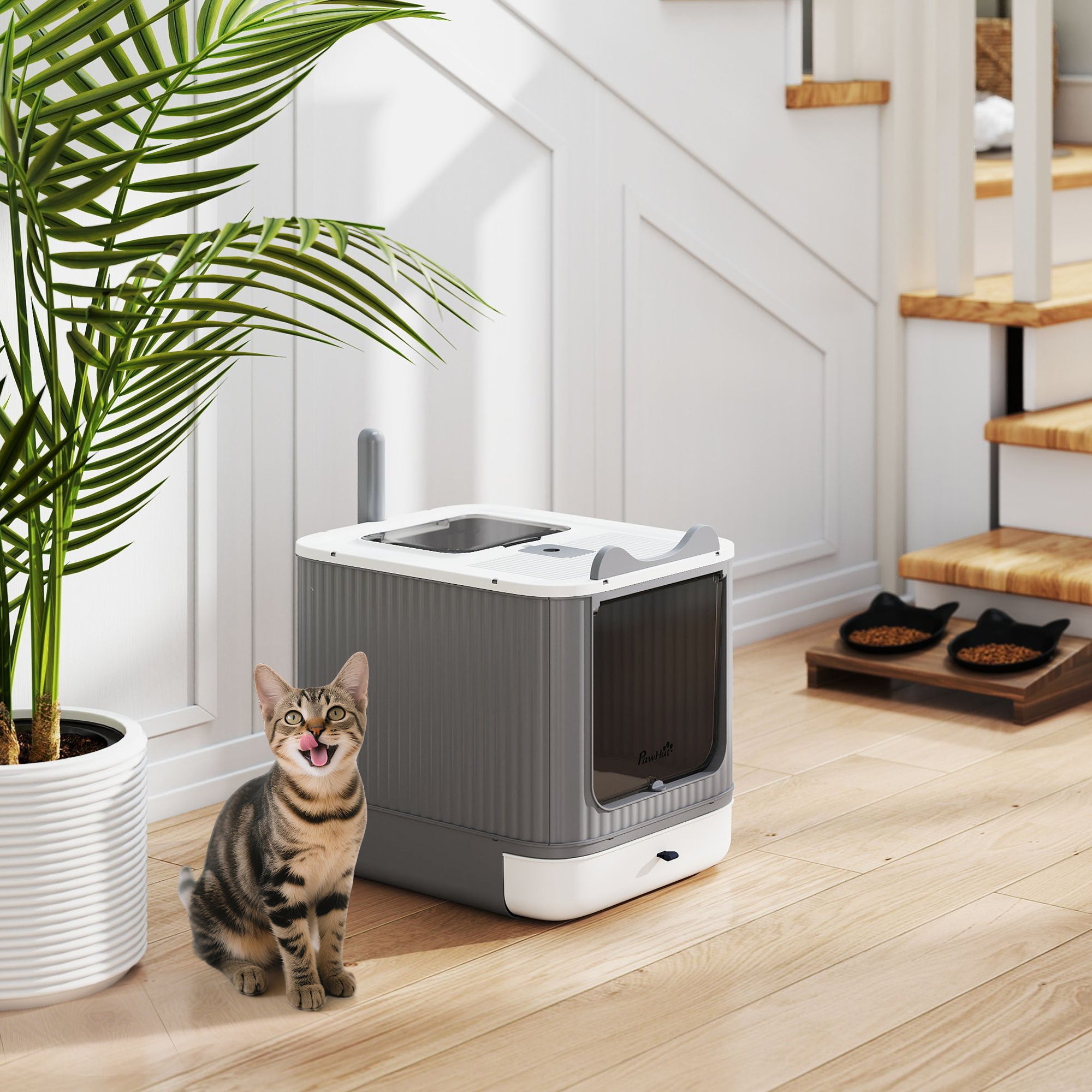 Enclosed Cat Litter Box with Top-Exit and Scoop - White-Cats-DECOROLALA