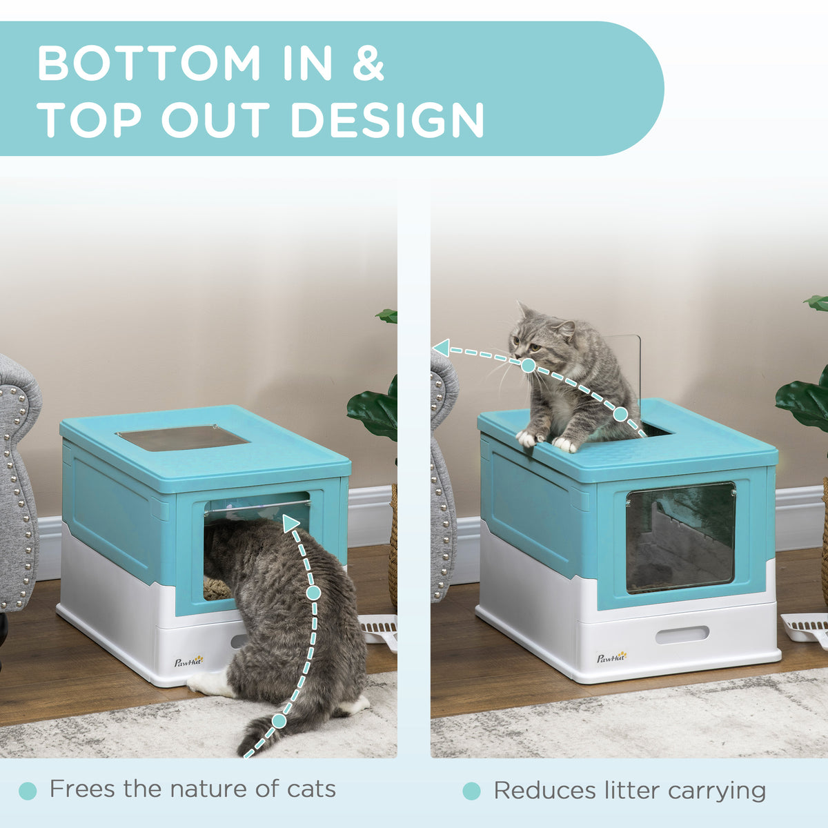 Enclosed Foldable Cat Litter Box with Scoop and Tray - Blue-Cats-DECOROLALA