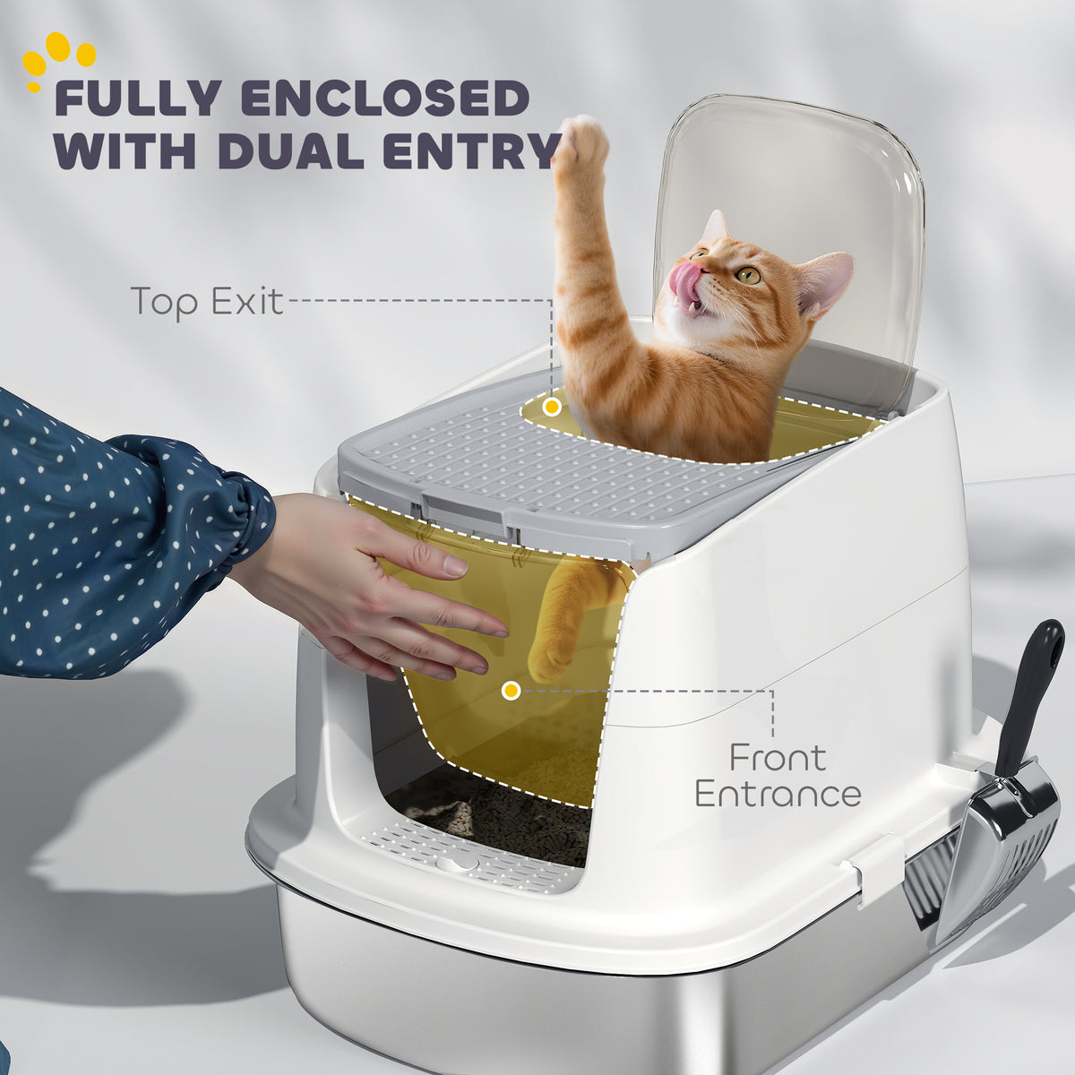 Enclosed Stainless Steel Cat Litter Box with Scoop - White-Cats-DECOROLALA