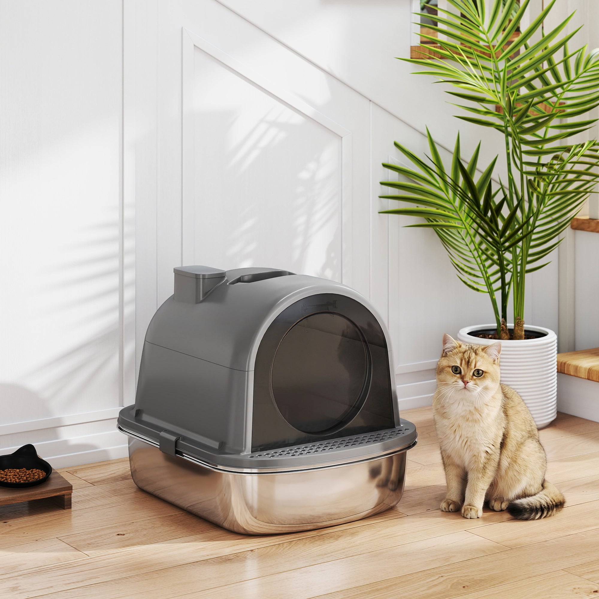 Enclosed Stainless Steel Litter Box with Scoop - Dark Grey-Cats-DECOROLALA