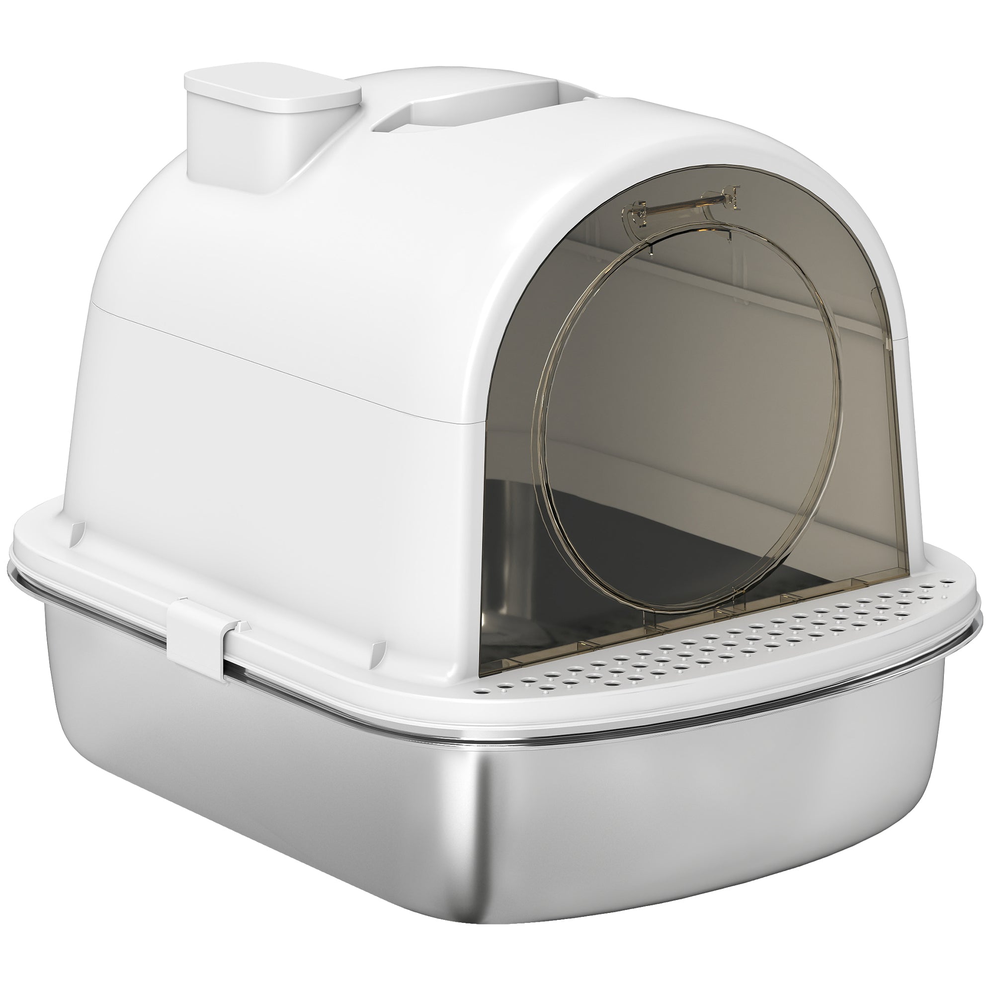 Enclosed Stainless Steel Litter Box with Scoop - White/Silver-Cats-DECOROLALA