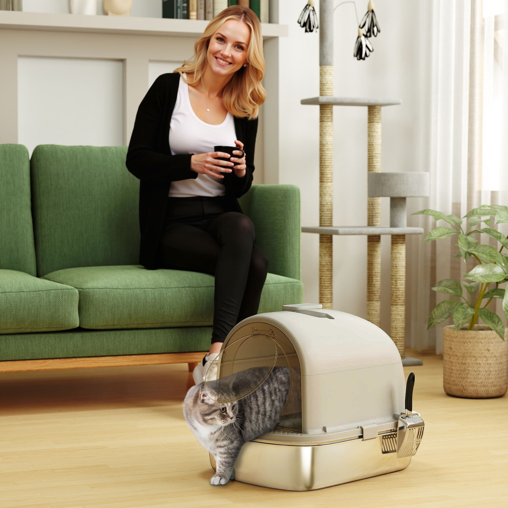 Enclosed Stainless Steel Litter Box with Scoop and Deodorizer Bag-Cats-DECOROLALA