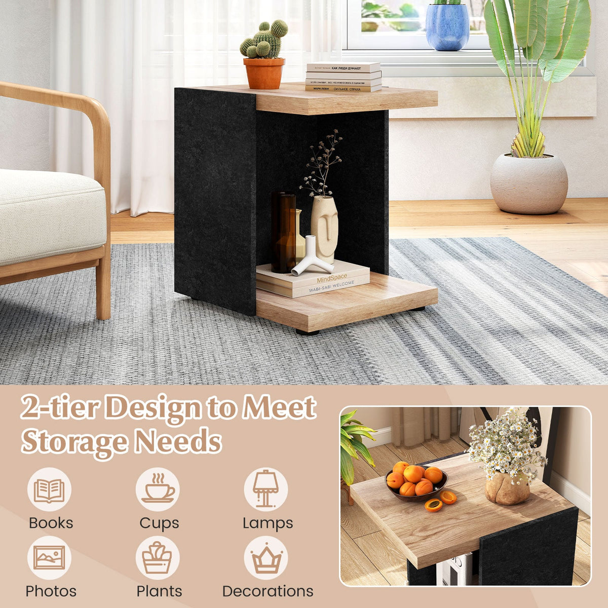 End Table 2-Tier Sofa Side Table with Open Storage Shelf-Oak-End & Side Tables-DECOROLALA