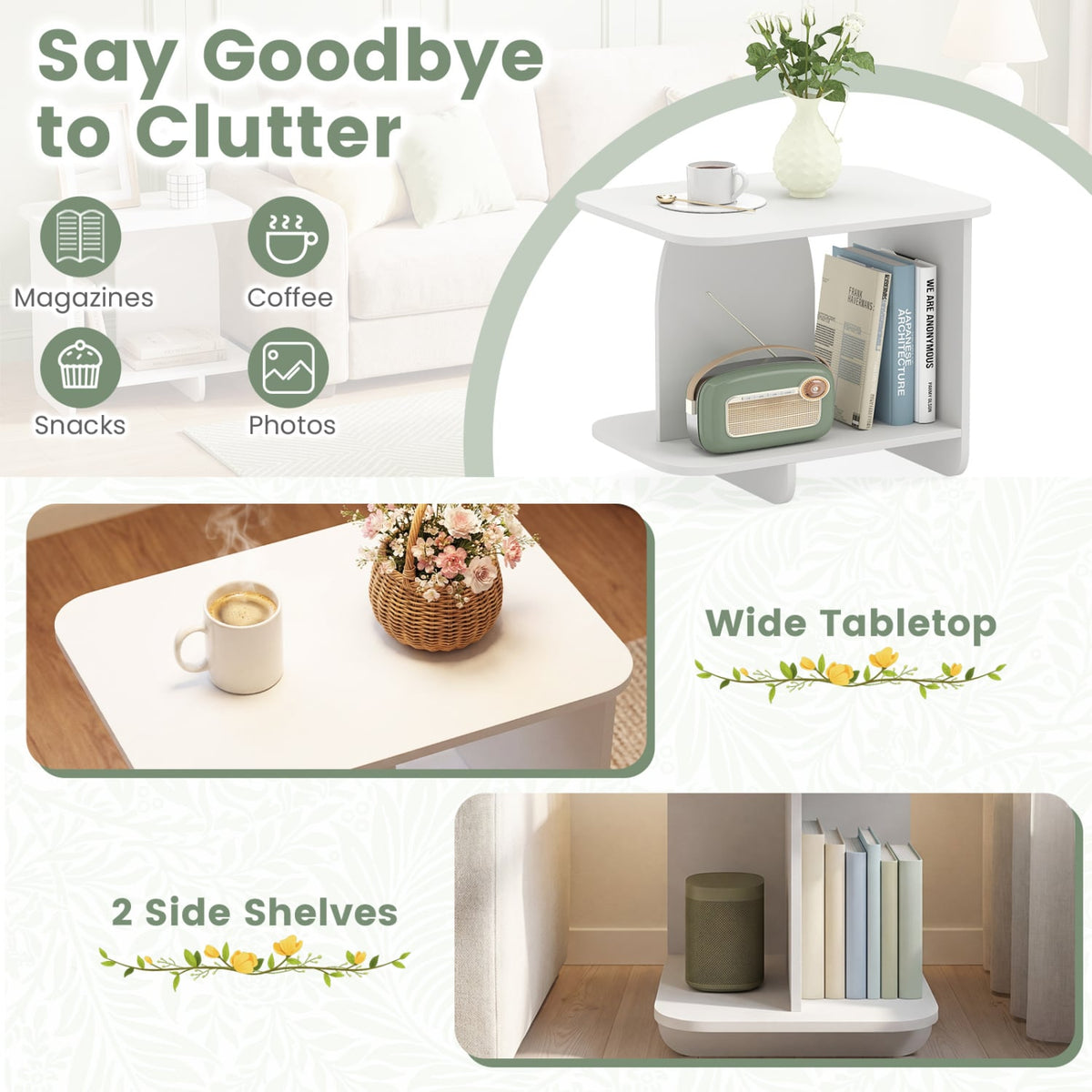 End Table 2-Tier Sofa Side Table with Storage Shelf for Small Space-White-End & Side Tables-DECOROLALA