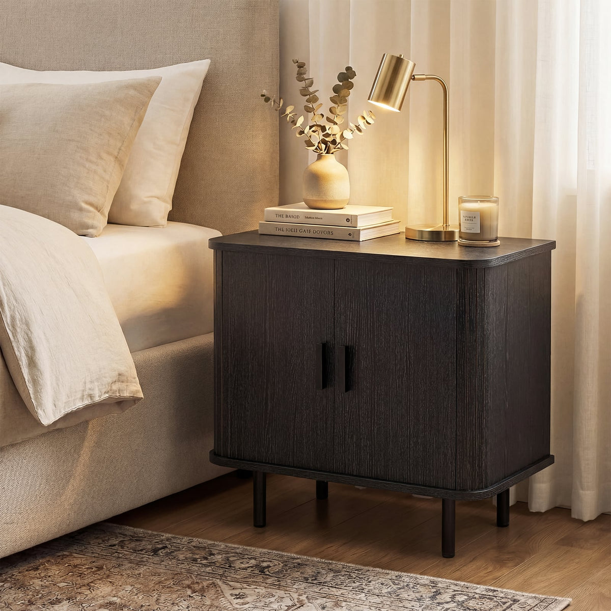 End Table Modern Mid Century Nightstand with Sliding Tambour Doors and Storage Shelf-Black-Nightstands-DECOROLALA