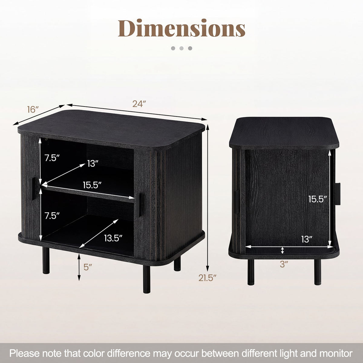 End Table Modern Mid Century Nightstand with Sliding Tambour Doors and Storage Shelf-Black-Nightstands-DECOROLALA