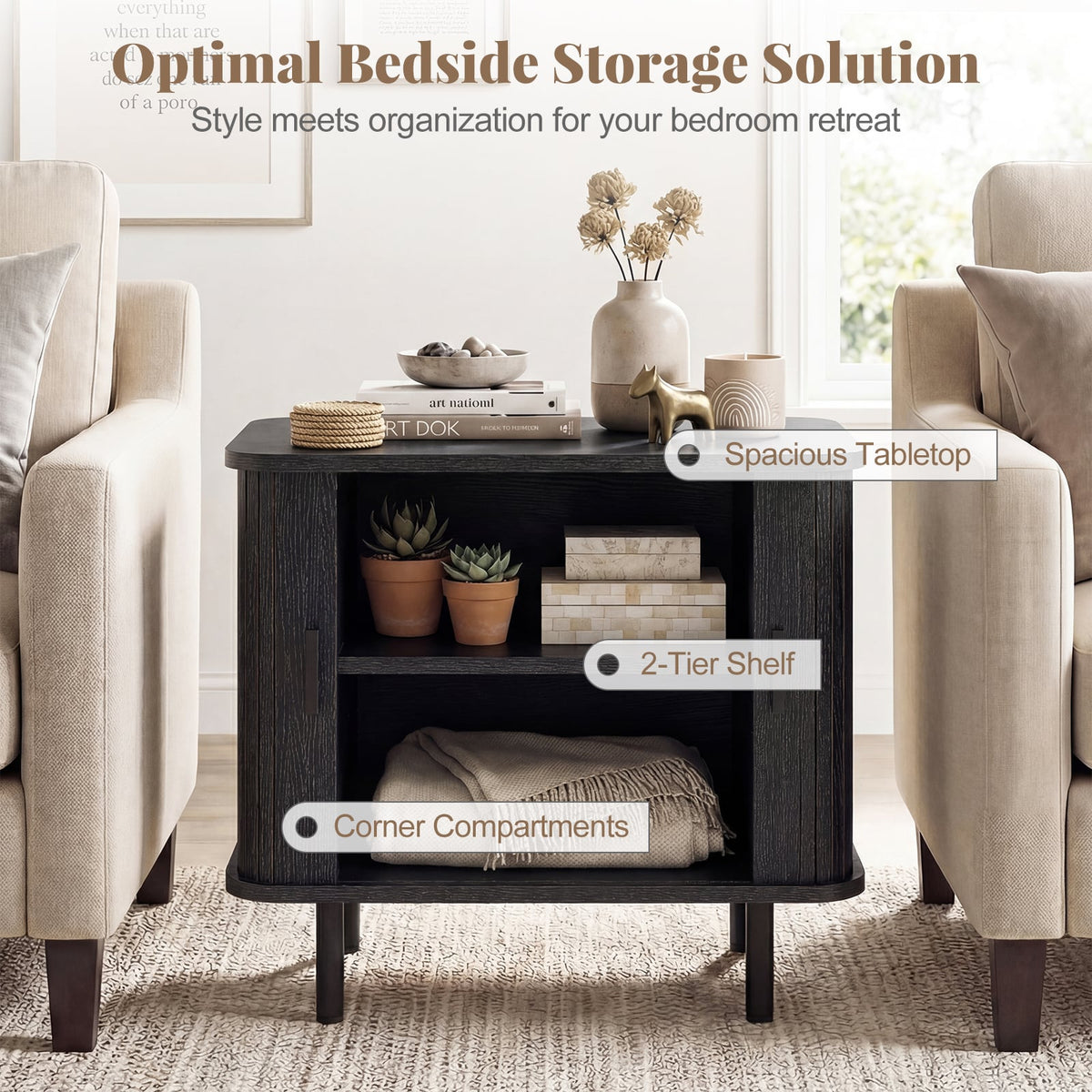 End Table Modern Mid Century Nightstand with Sliding Tambour Doors and Storage Shelf-Black-Nightstands-DECOROLALA
