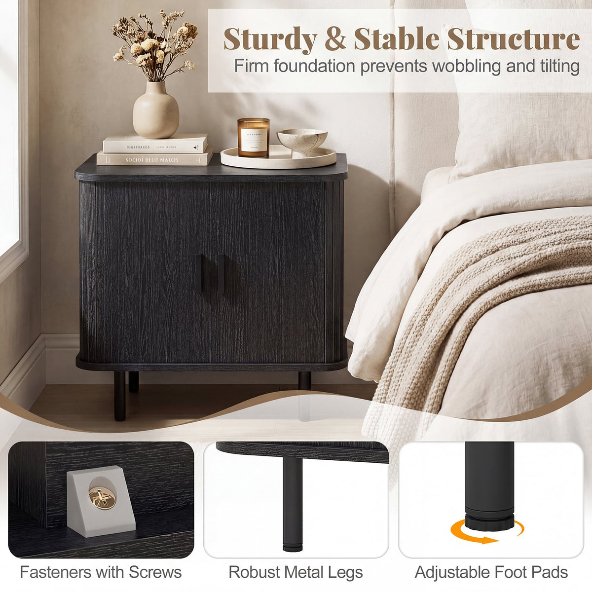 End Table Modern Mid Century Nightstand with Sliding Tambour Doors and Storage Shelf-Black-Nightstands-DECOROLALA