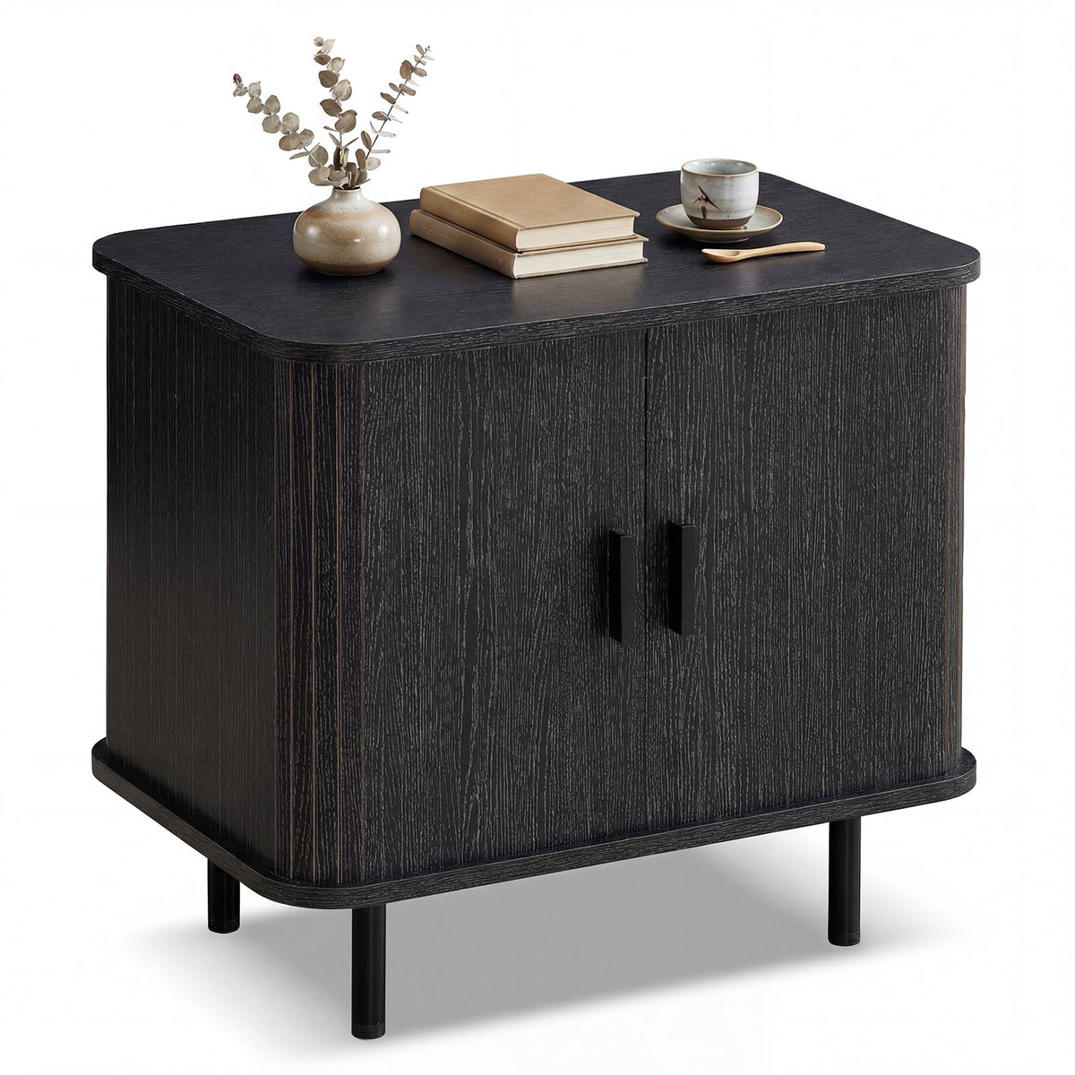 End Table Modern Mid Century Nightstand with Sliding Tambour Doors and Storage Shelf-Black-Nightstands-DECOROLALA
