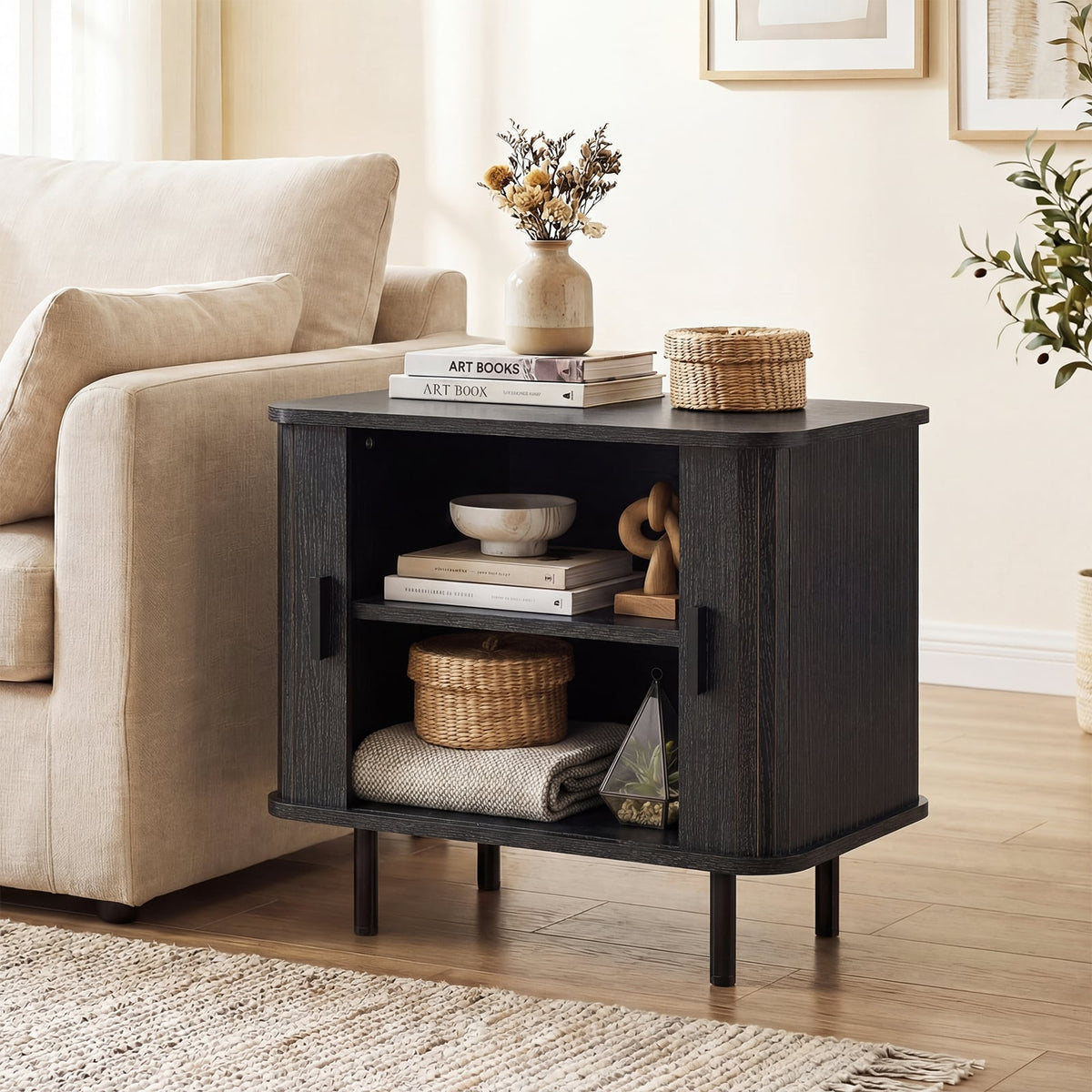End Table Modern Mid Century Nightstand with Sliding Tambour Doors and Storage Shelf-Black-Nightstands-DECOROLALA